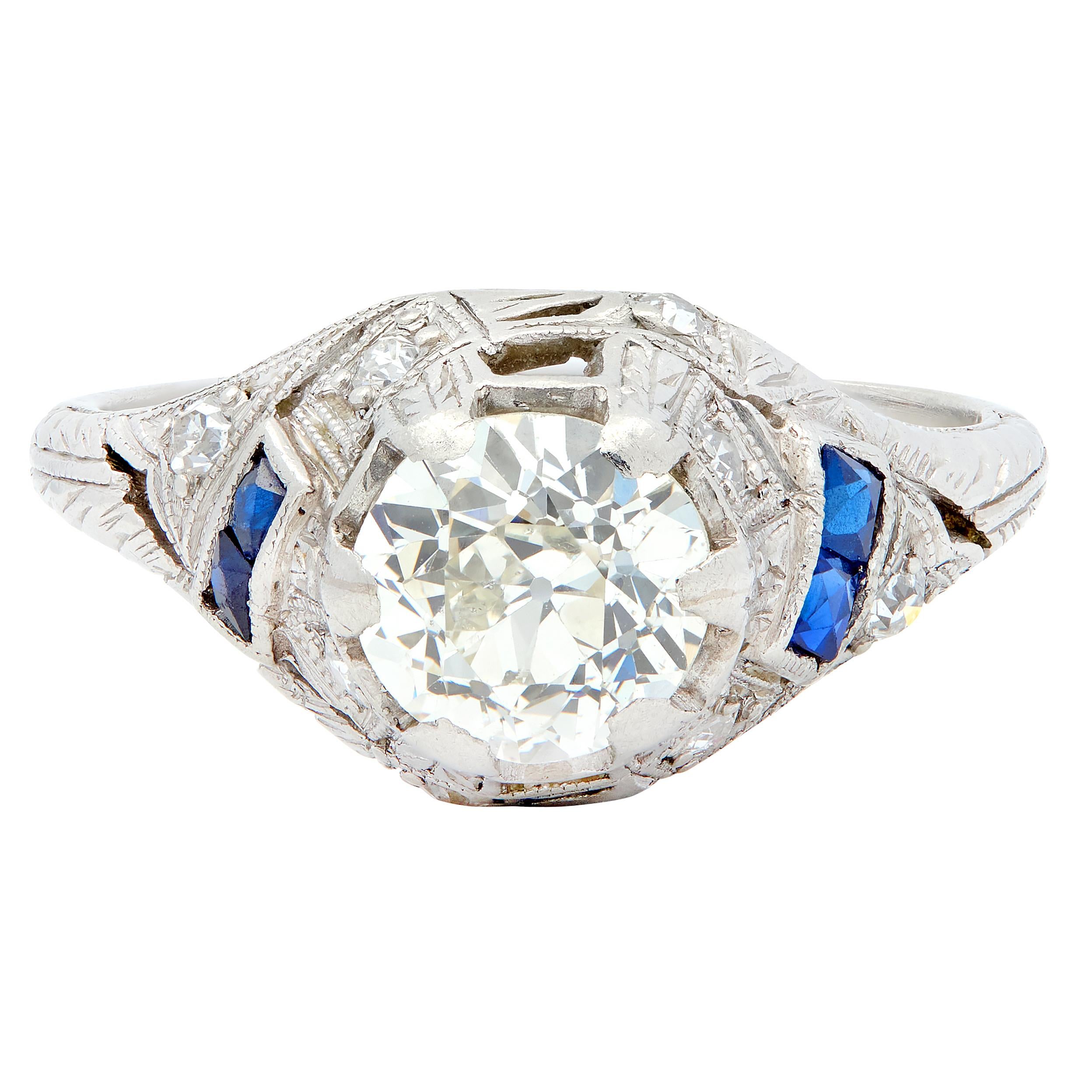 Art Deco 1.24 CTW Old European Diamond Sapphire Platinum Foliate Engagement Ring