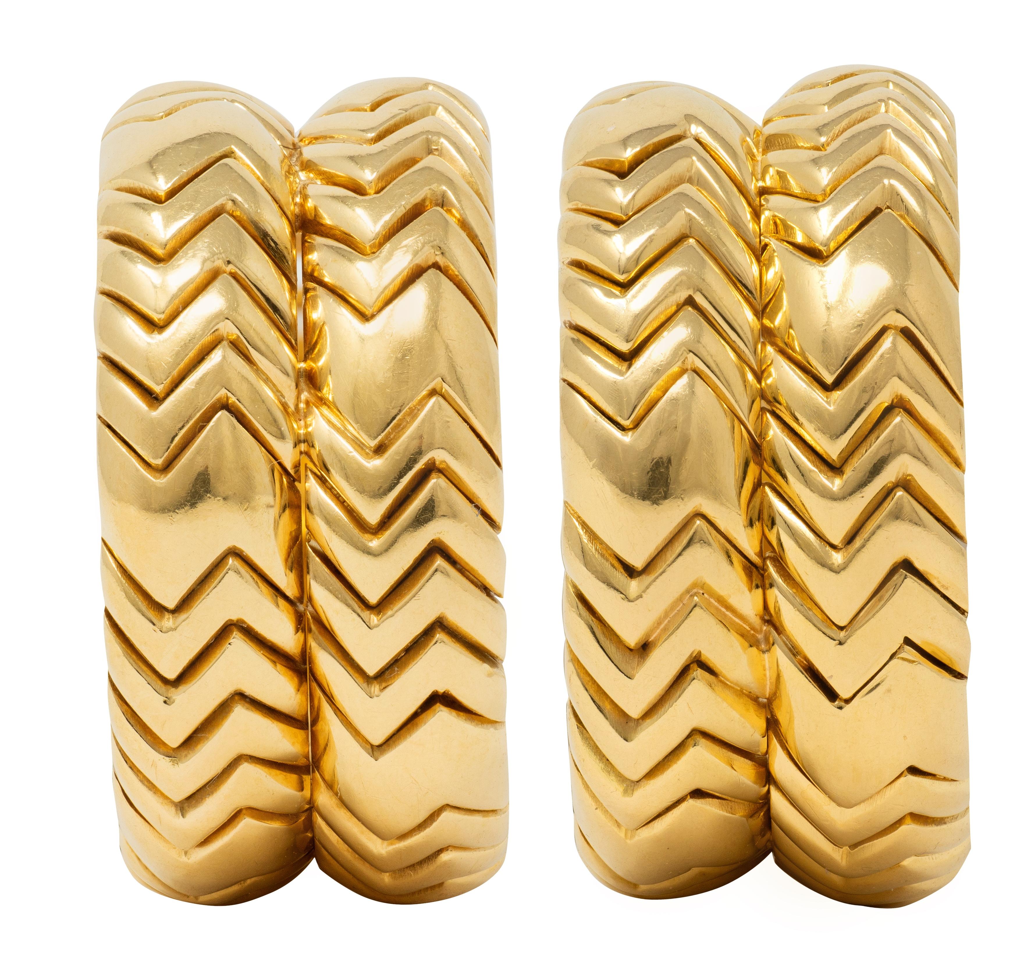 Bulgari 1990's 18K Yellow Gold Vintage Double Spiga J-Hoop Ear-Clip Earrings