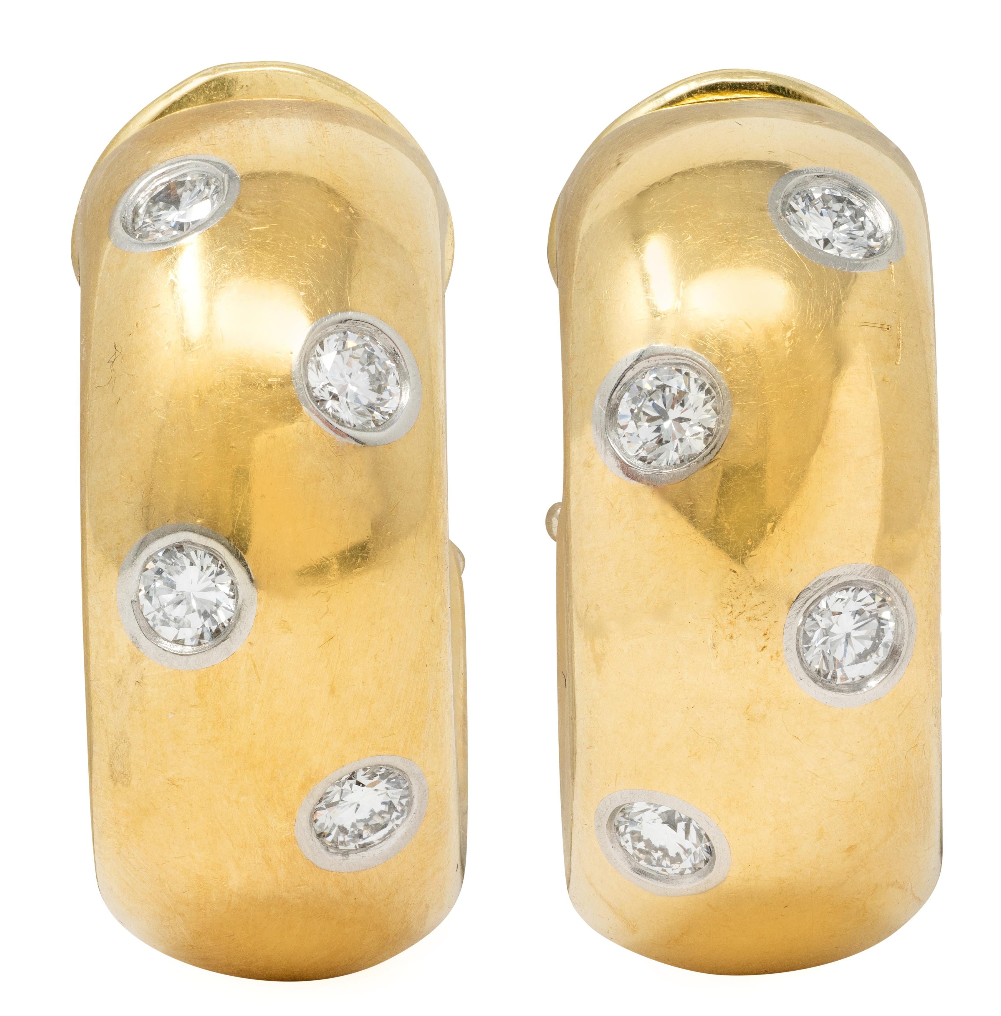 Tiffany & Co. 2000's Diamond Platinum 18K Yellow Gold Etoile J-Hoop Earrings