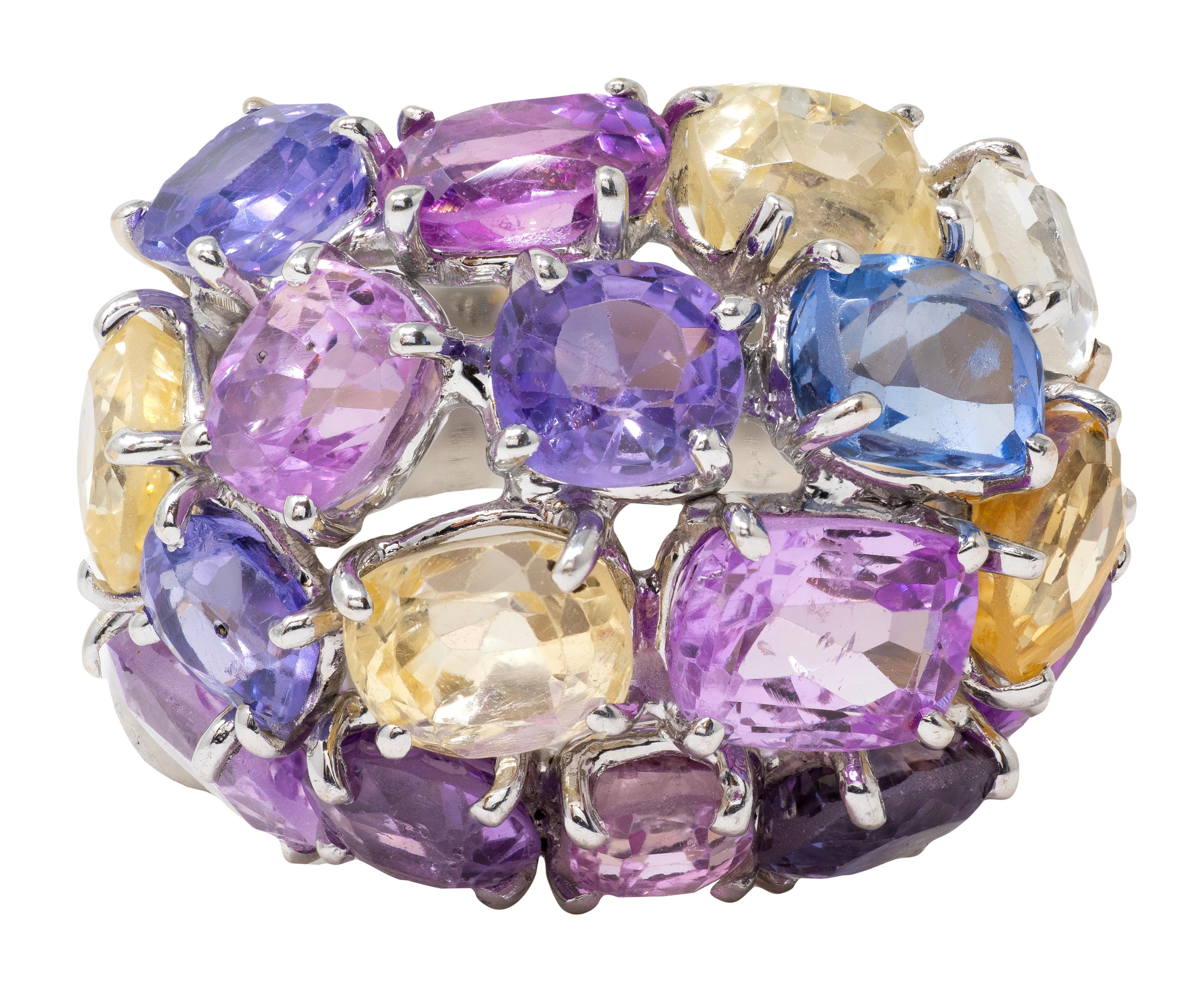 2000's 17.00 CTW Multi-Colored Sapphire 18 Karat White Gold Dome Cocktail Ring