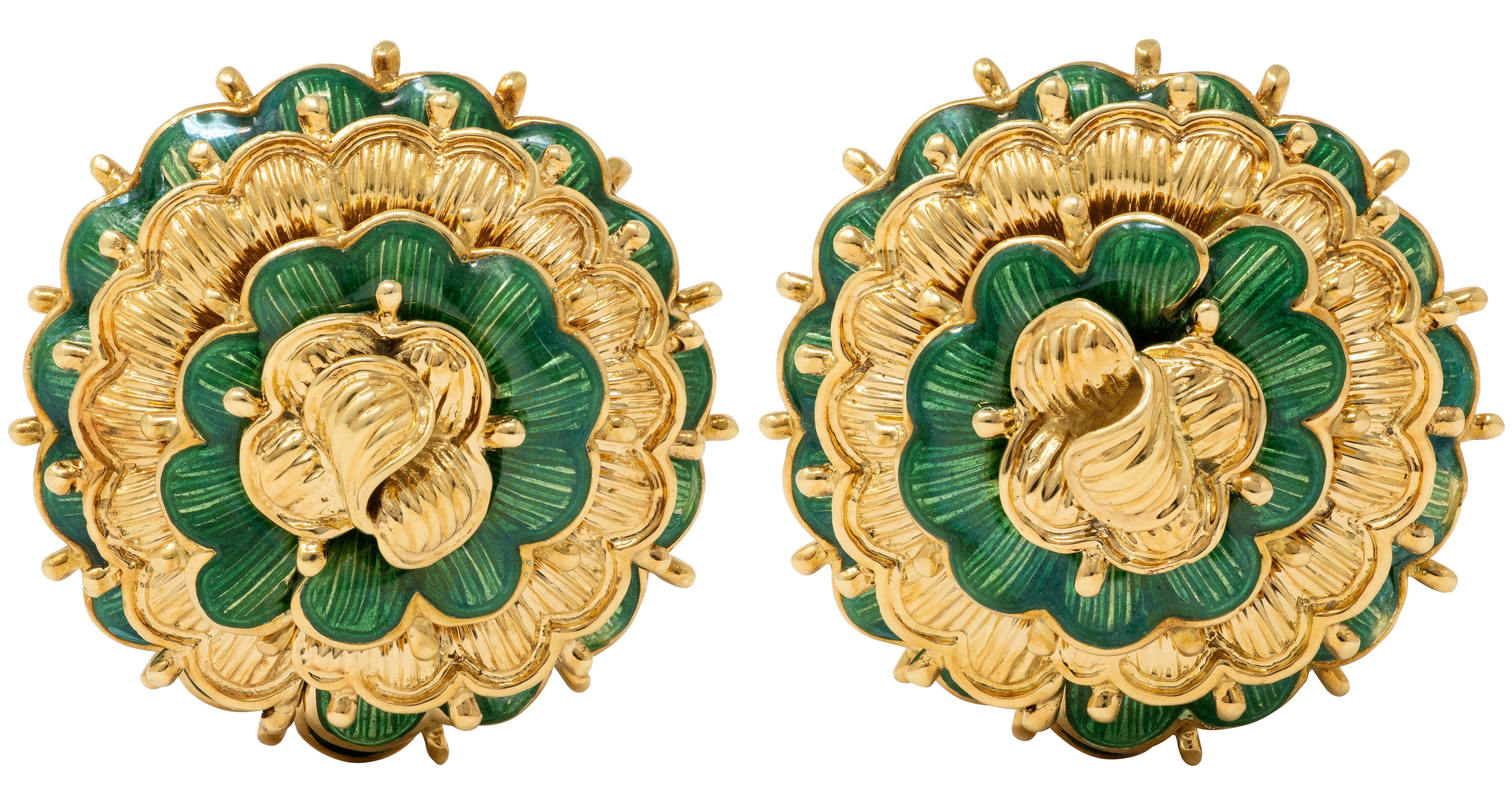 Tiffany & Co. 1960 Basse-Taille Enamel 18K Gold Vintage Flower Ear-Clip Earrings