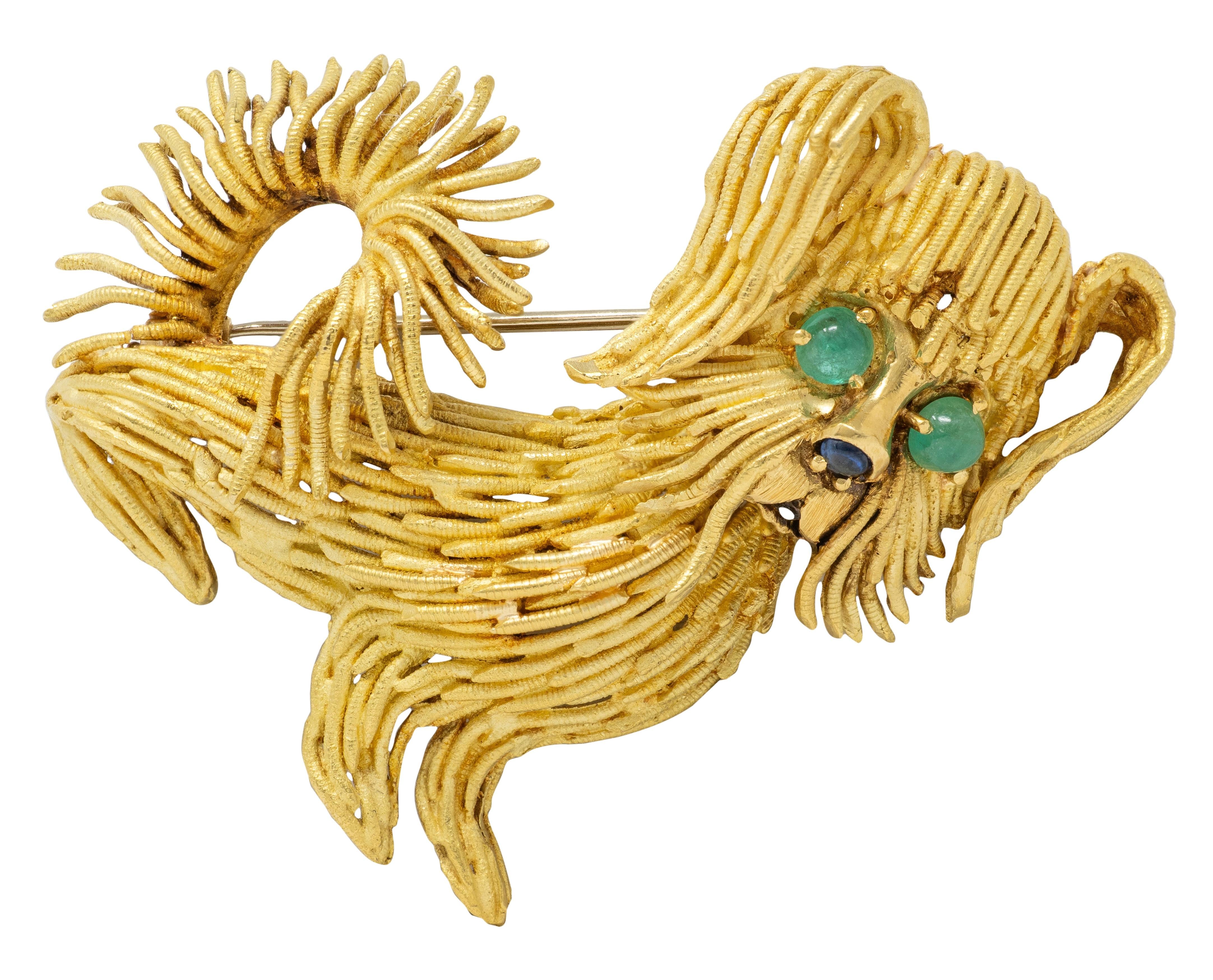 Cartier 1960's Sapphire Emerald 18 Karat Yellow Gold Vintage Wire Dog Brooch