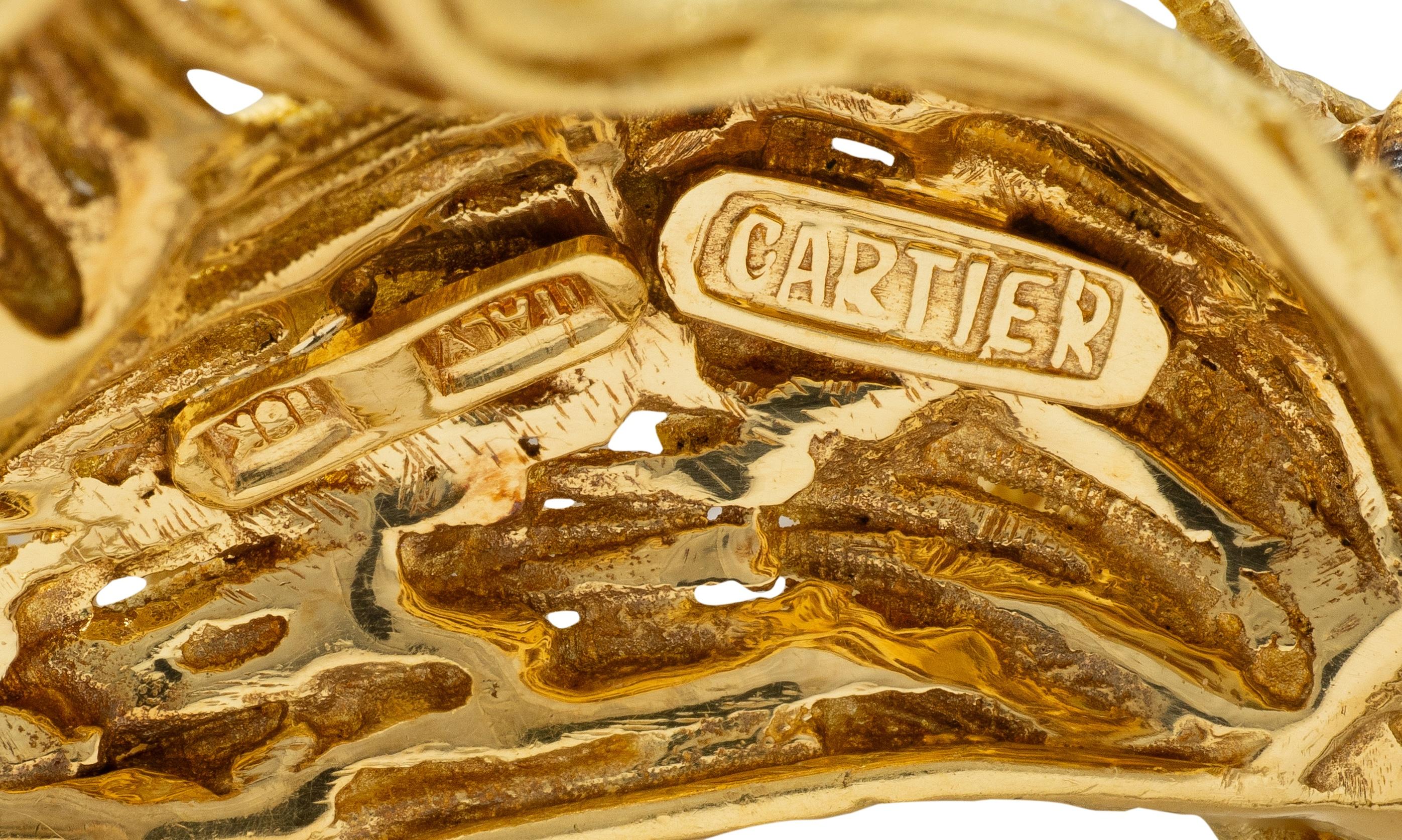 Cartier 1960's Sapphire Emerald 18 Karat Yellow Gold Vintage Wire Dog Brooch