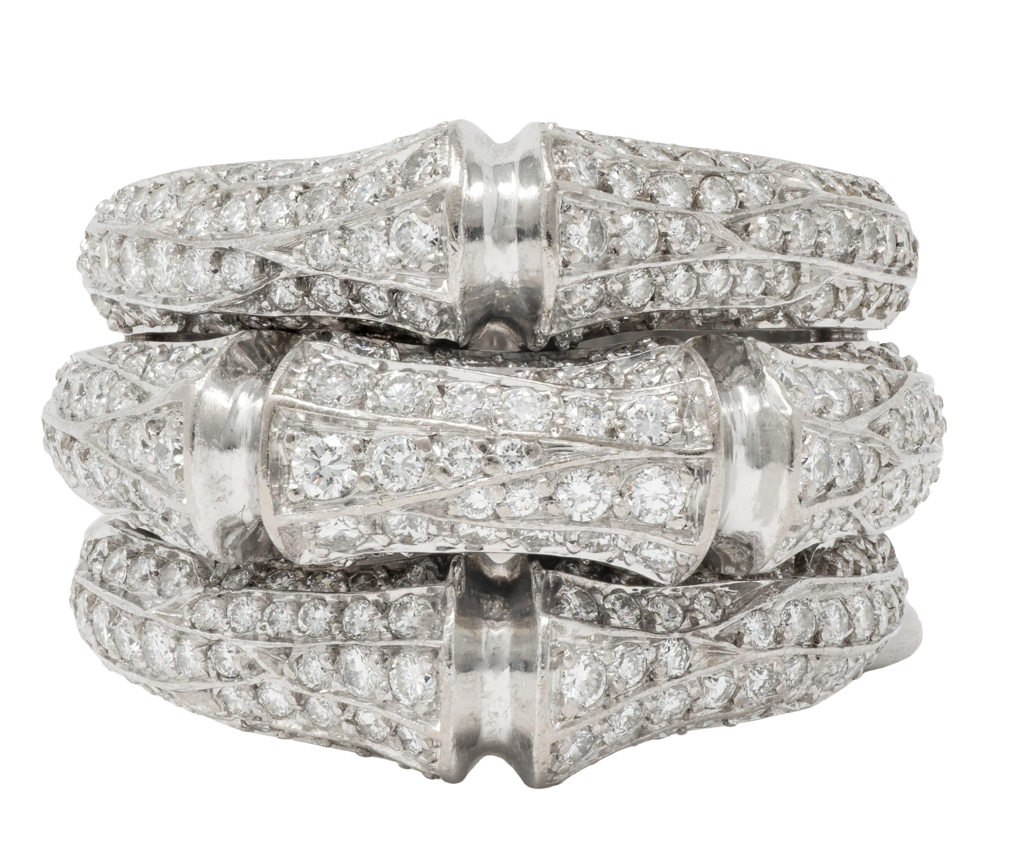 Cartier French 2000's Diamond 18 Karat White Gold Bamboo Wide Band Ring