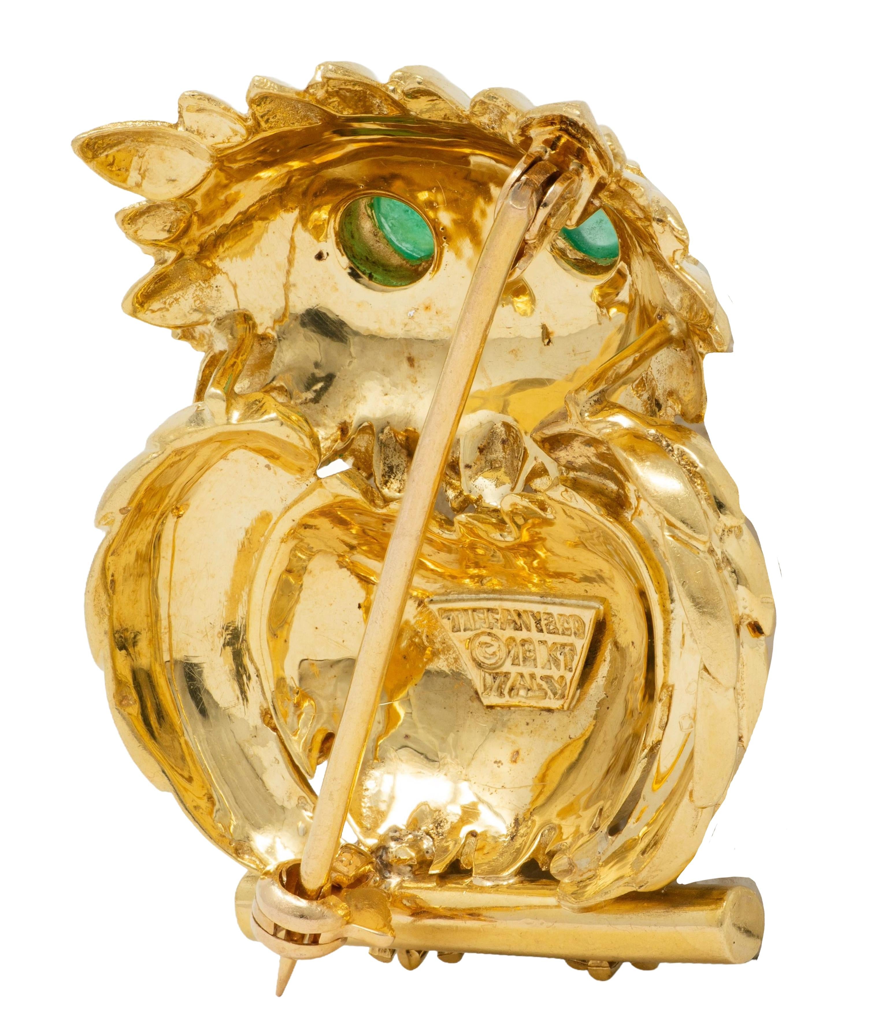 Tiffany & Co. 1980's Emerald 18 Karat Yellow Gold Vintage Owl Brooch
