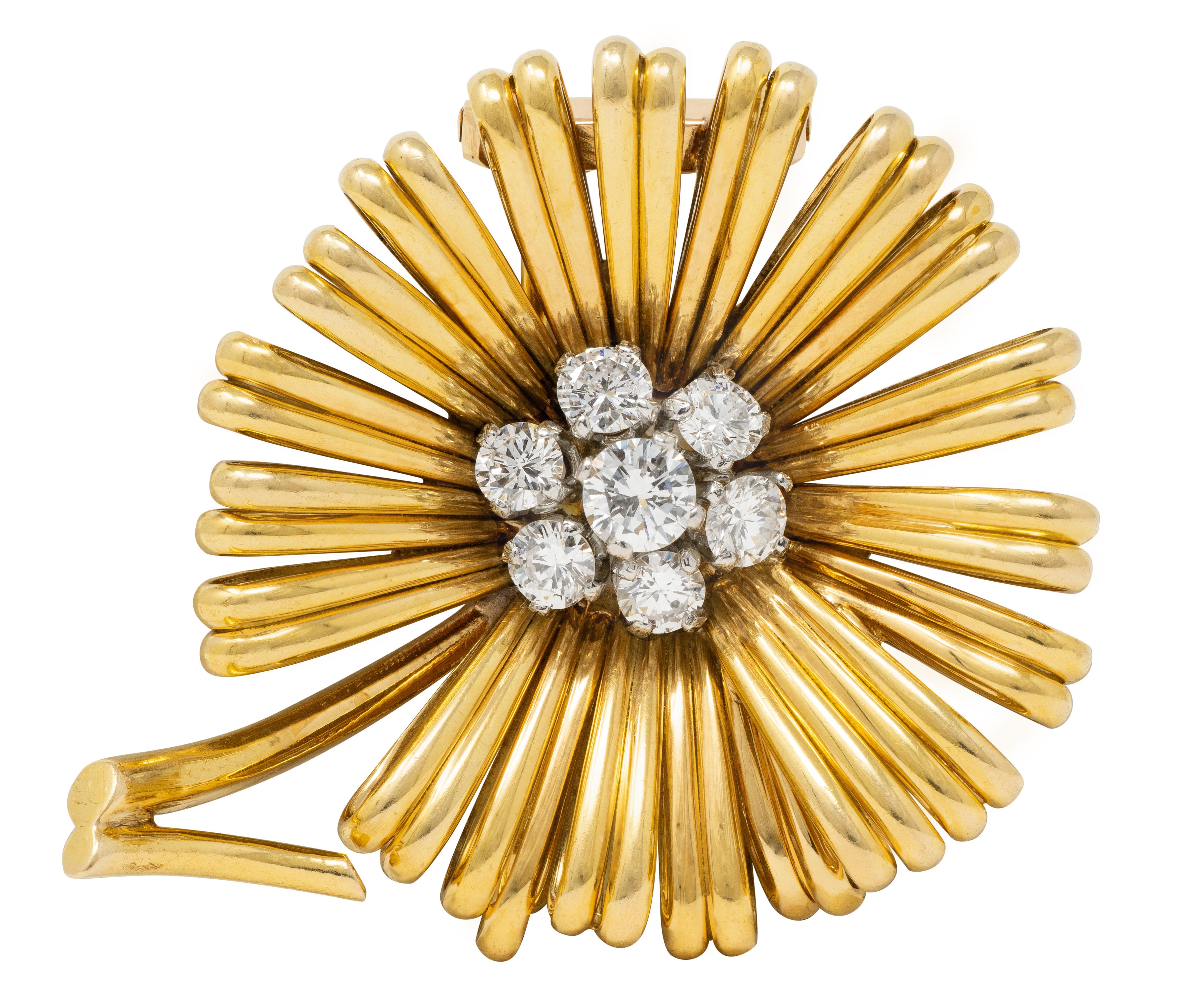 Van Cleef & Arpels French 1960's Diamond Platinum 18K Gold Vintage Flower Brooch