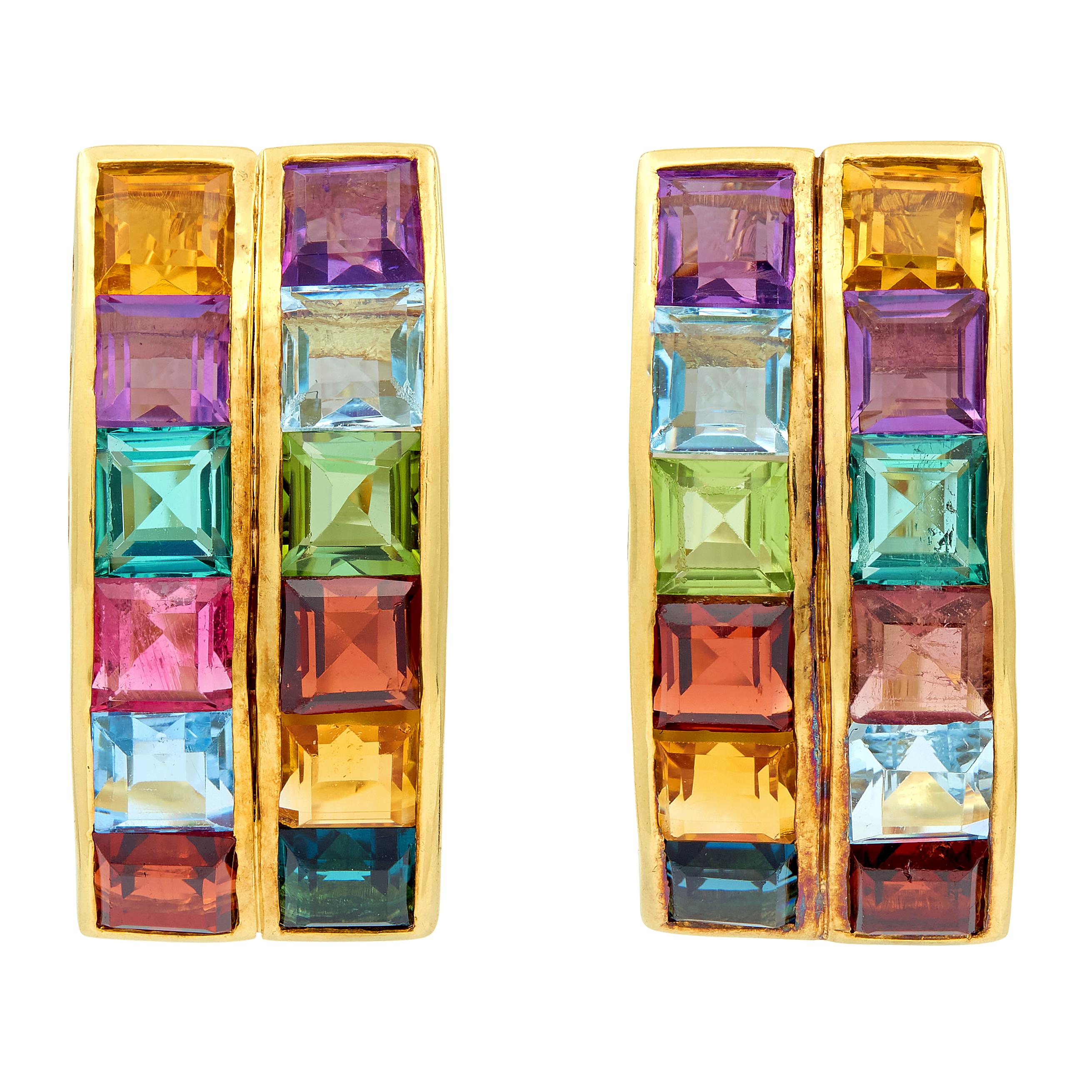 Contemporary Multi-Gem 18 Karat Yellow Gold Rainbow J-Hoop Ear-Clip Earrings