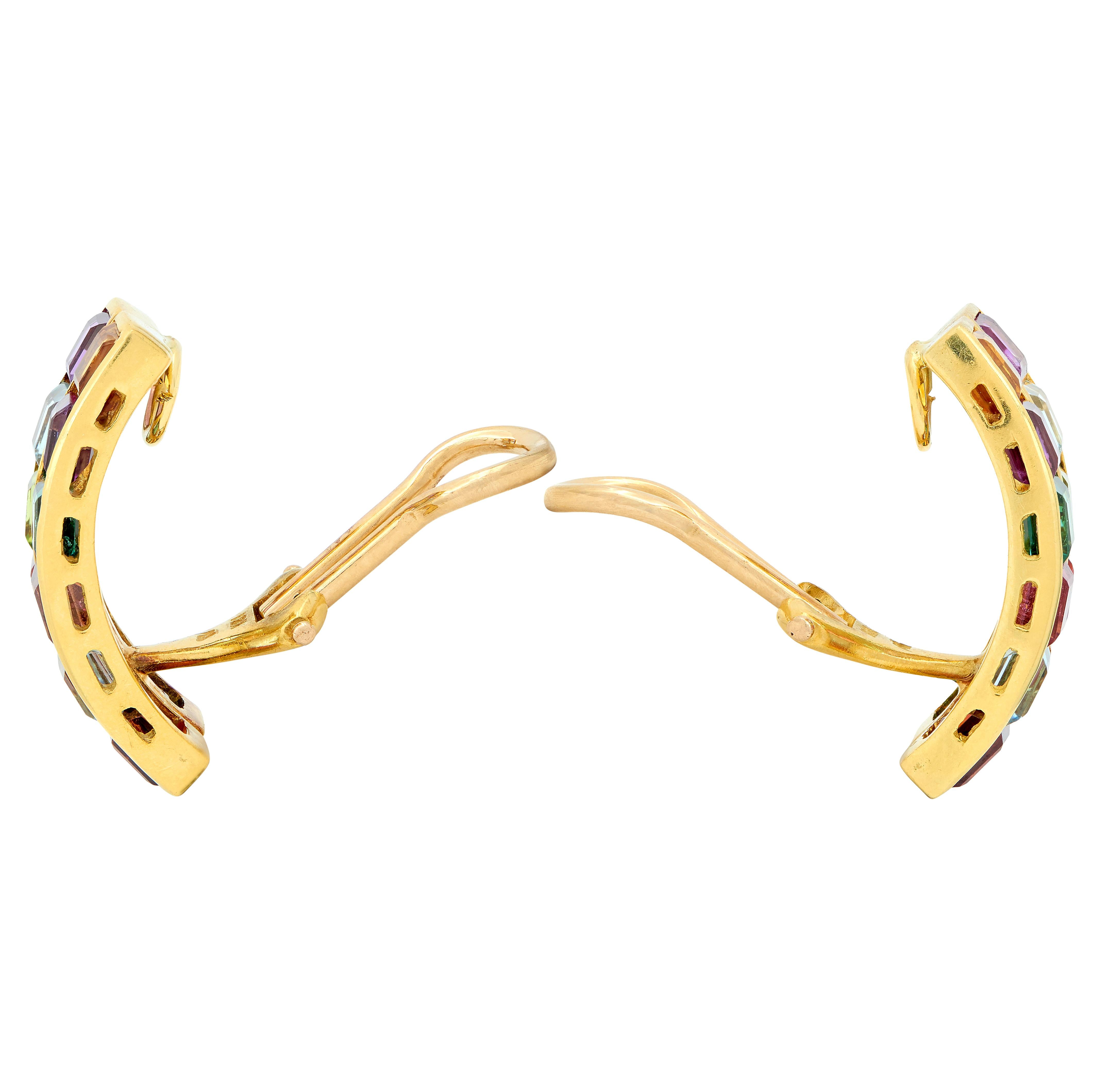 Contemporary Multi-Gem 18 Karat Yellow Gold Rainbow J-Hoop Ear-Clip Earrings