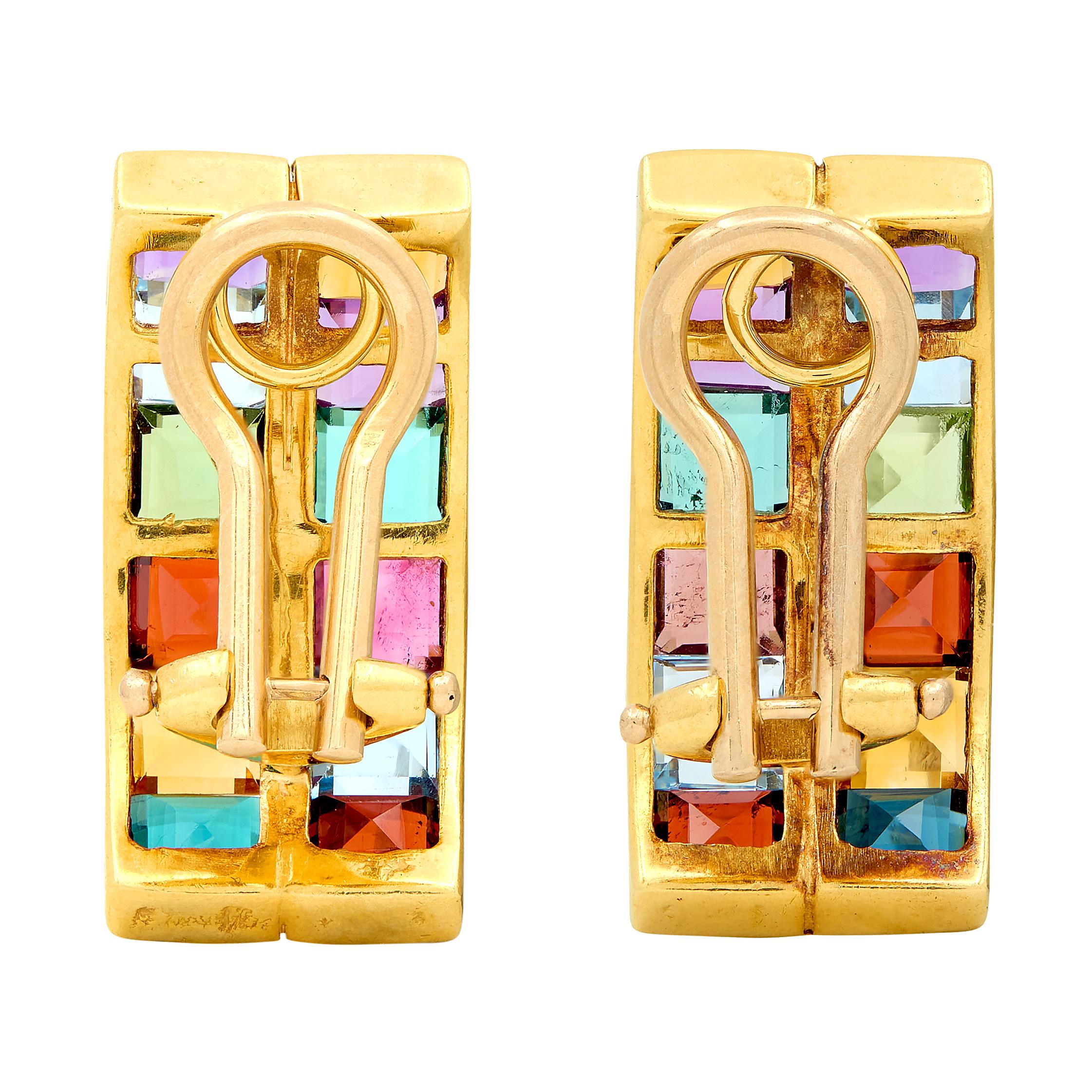 Contemporary Multi-Gem 18 Karat Yellow Gold Rainbow J-Hoop Ear-Clip Earrings
