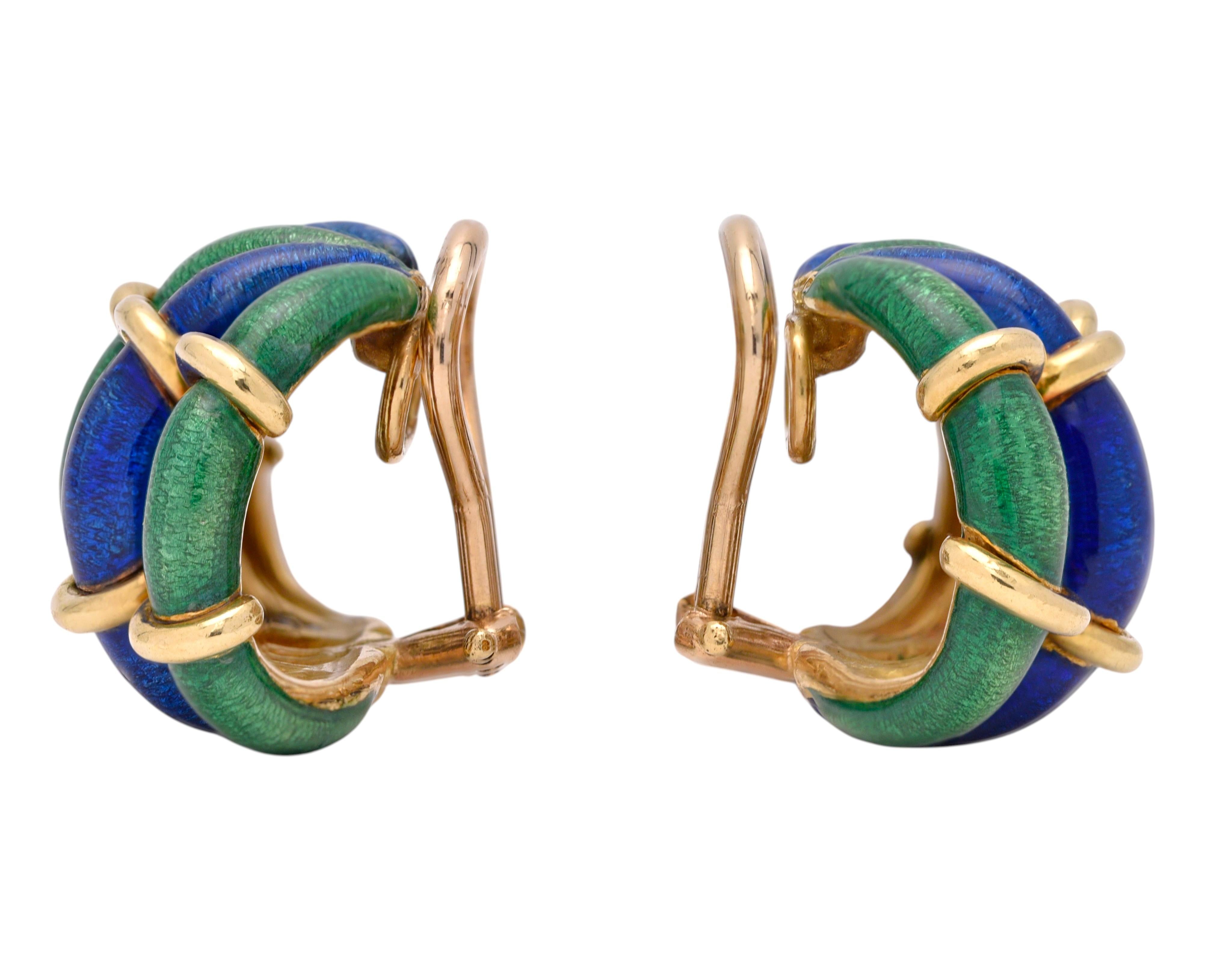 Tiffany & Co. Schlumberger 1960's Enamel 18K Gold Vintage Ear-Clip Earrings