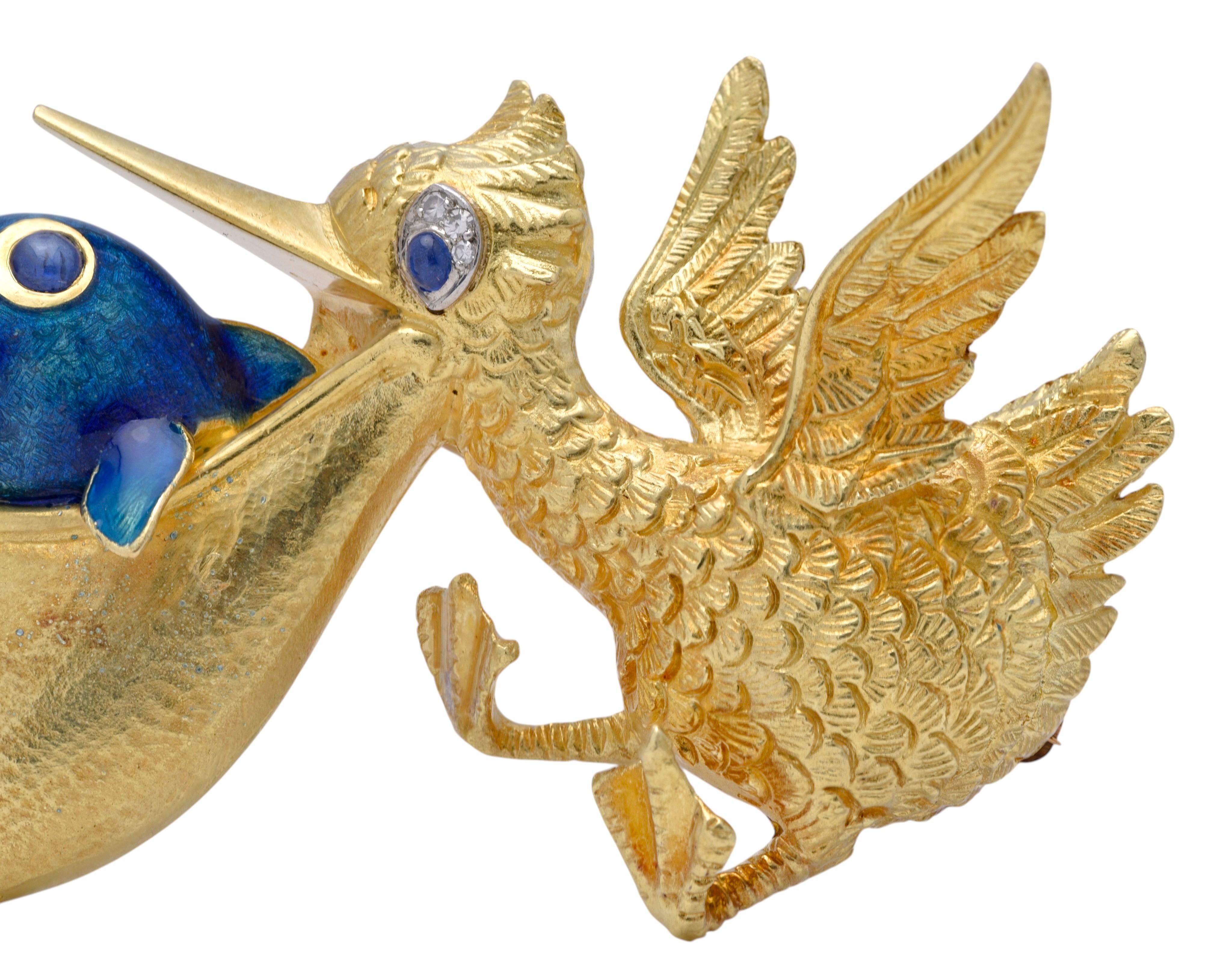 Cartier 1960 Enamel 18K Gold Platinum Vintage Whimsical Pelican Bird Fish Brooch