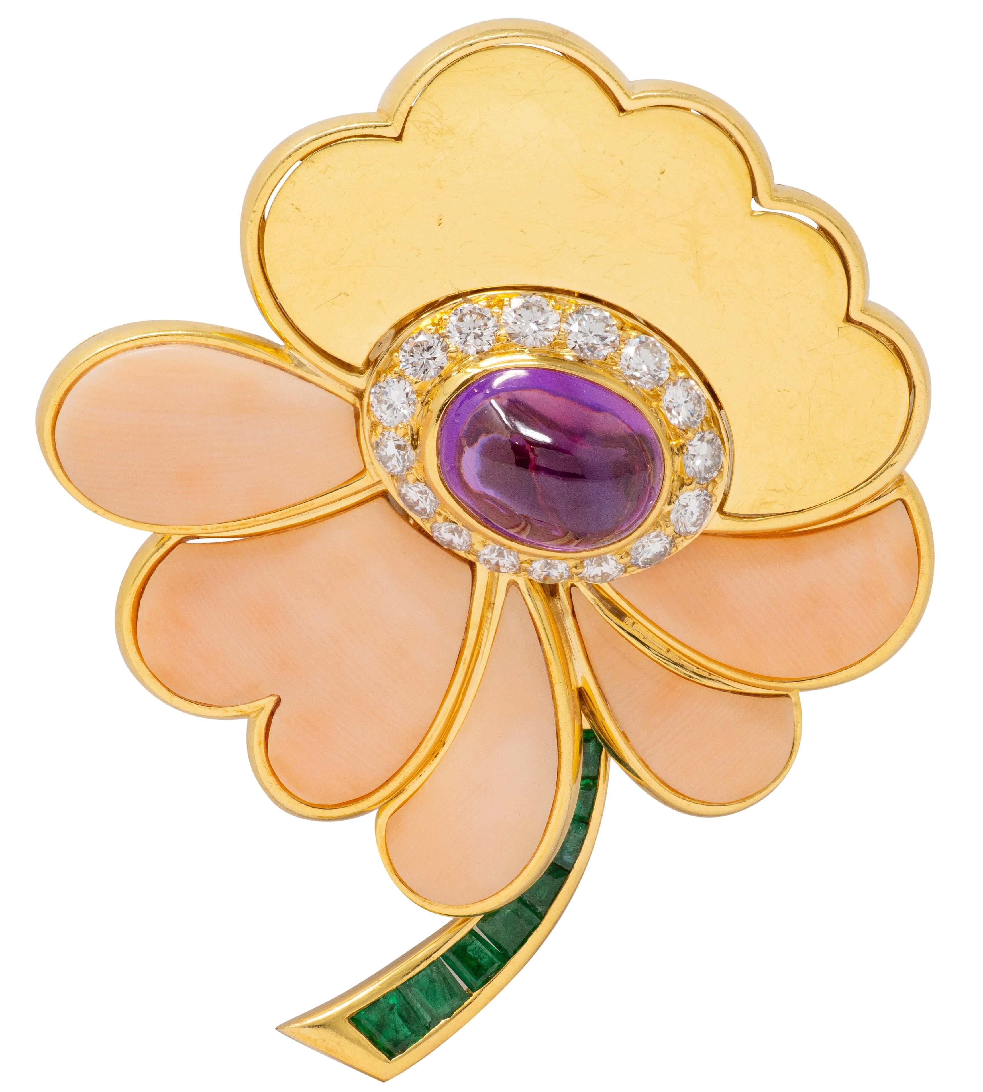 Bulgari 1970s Coral Emerald Diamond Pink Sapphire 18K Gold Vintage Flower Brooch