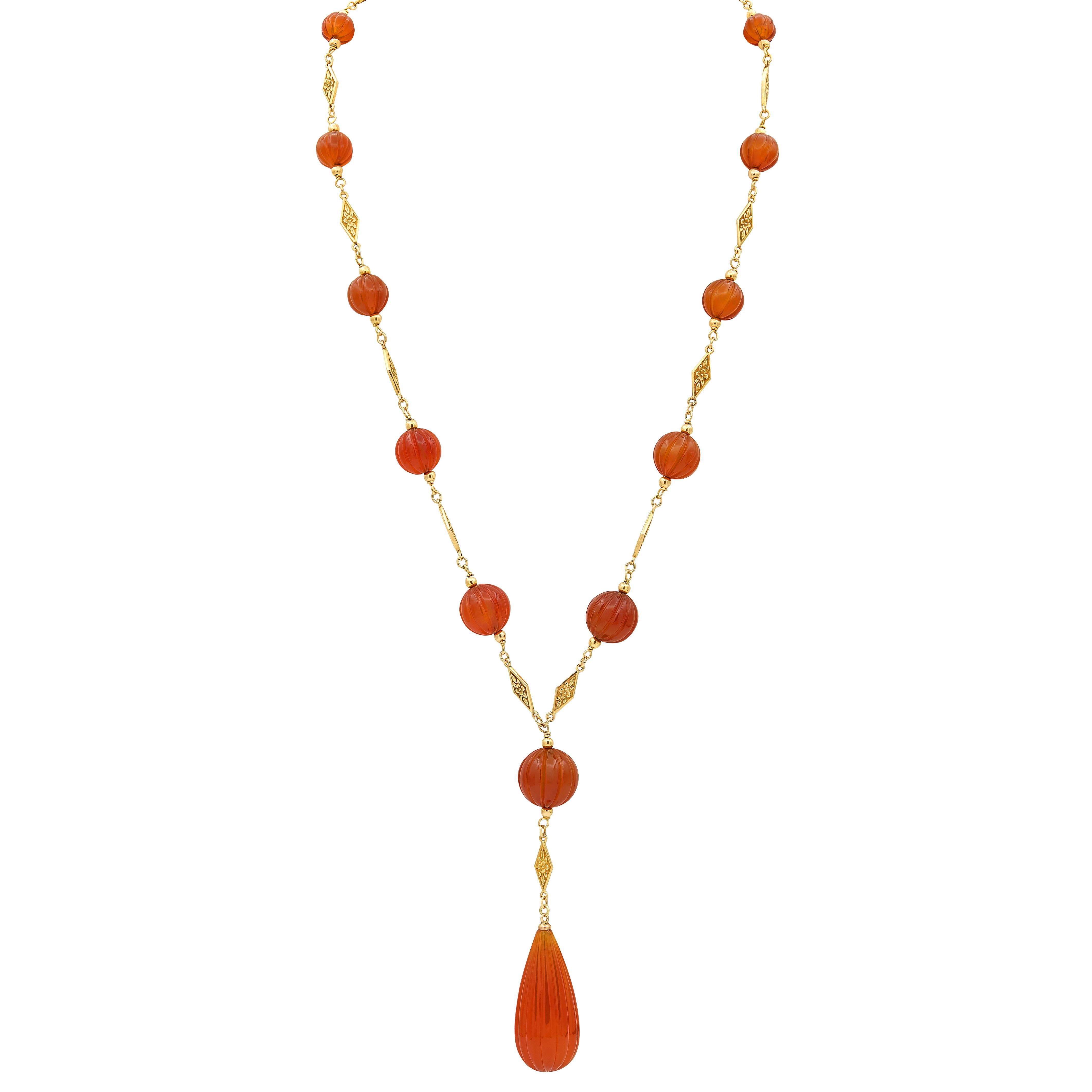 Early Art Deco Carnelian 14K Gold Antique Orange Blossom Sautoir Necklace