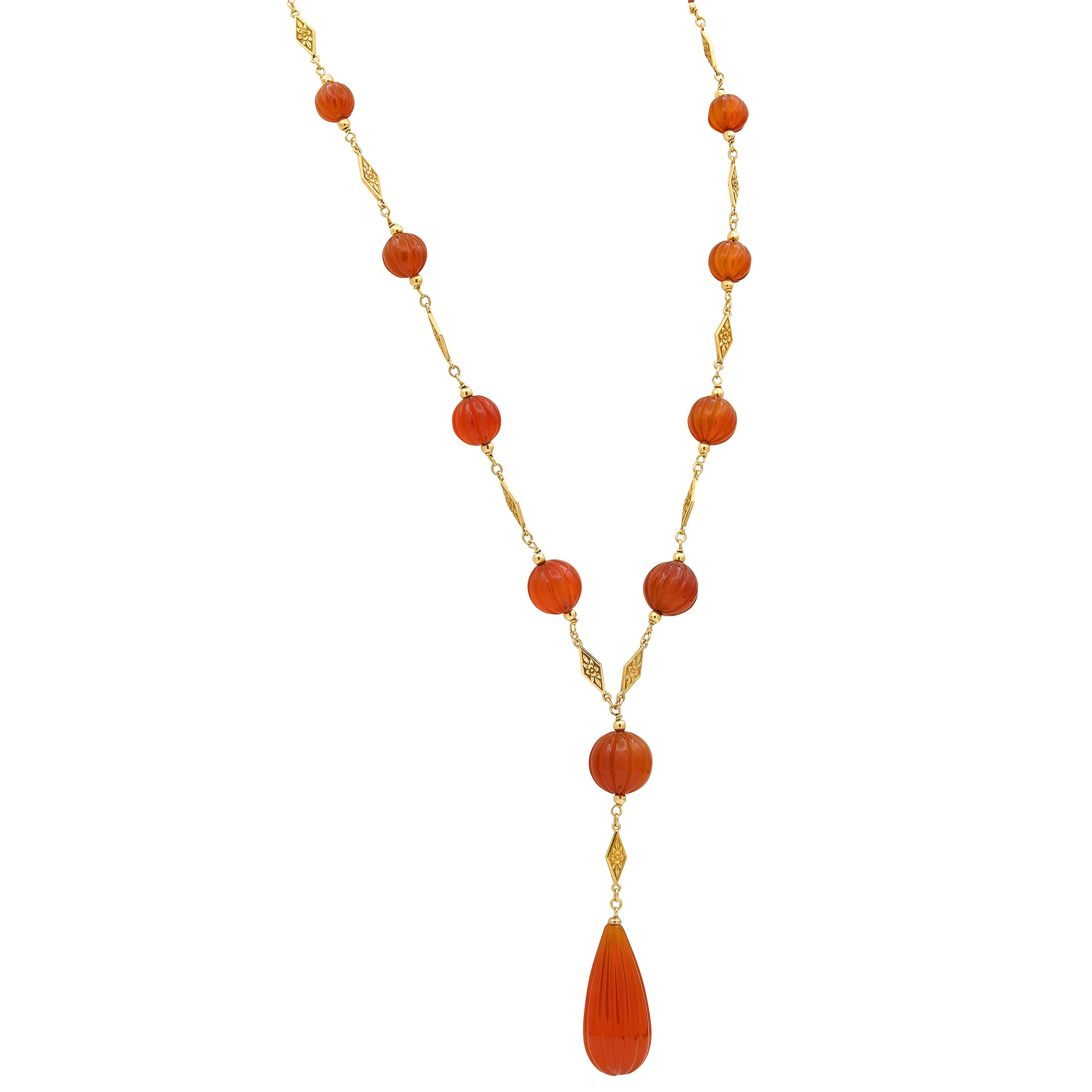 Early Art Deco Carnelian 14K Gold Antique Orange Blossom Sautoir Necklace