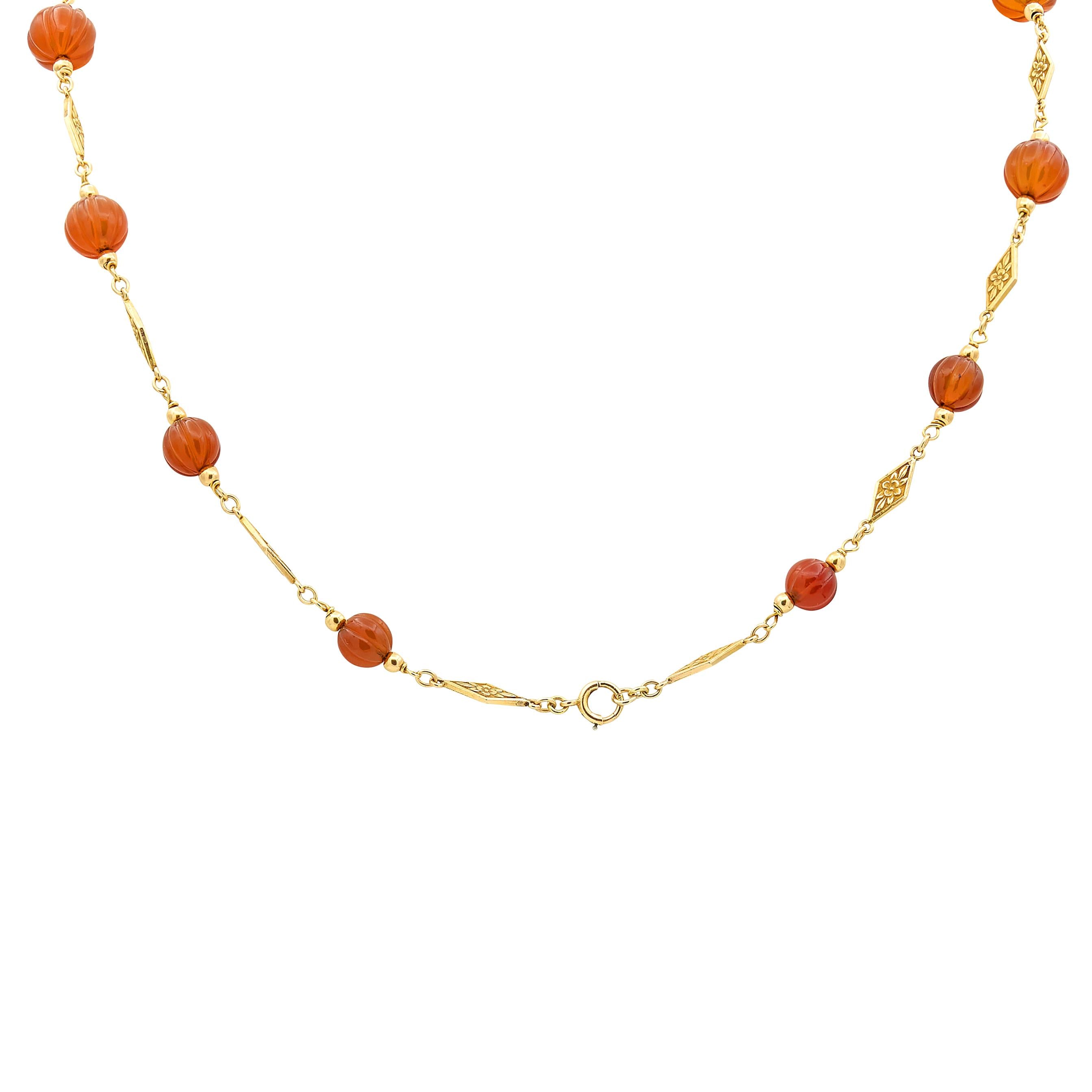 Early Art Deco Carnelian 14K Gold Antique Orange Blossom Sautoir Necklace