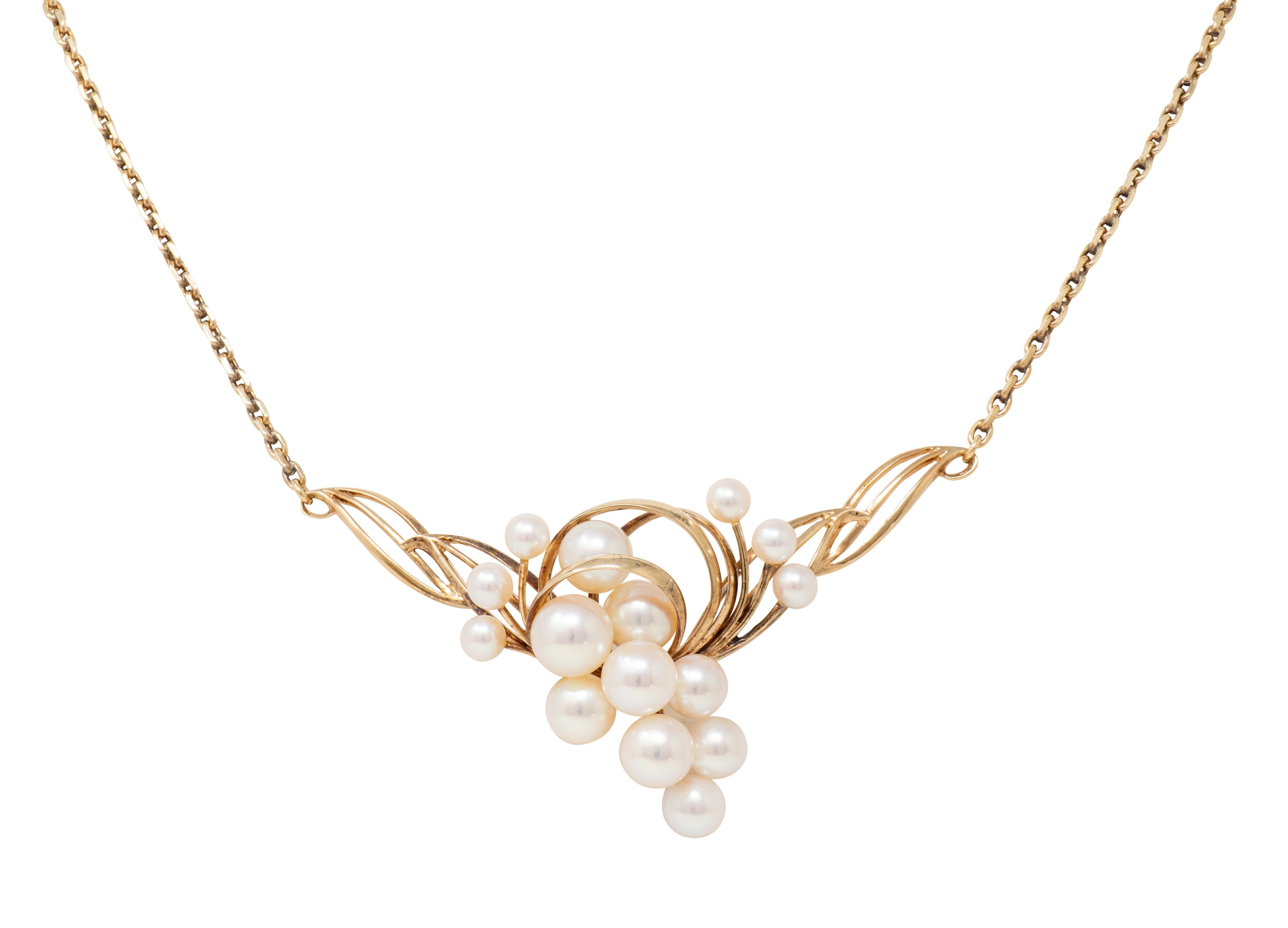 Mikimoto 1940's Retro Pearl 14K Yellow Gold Vintage Scrolling Station Necklace