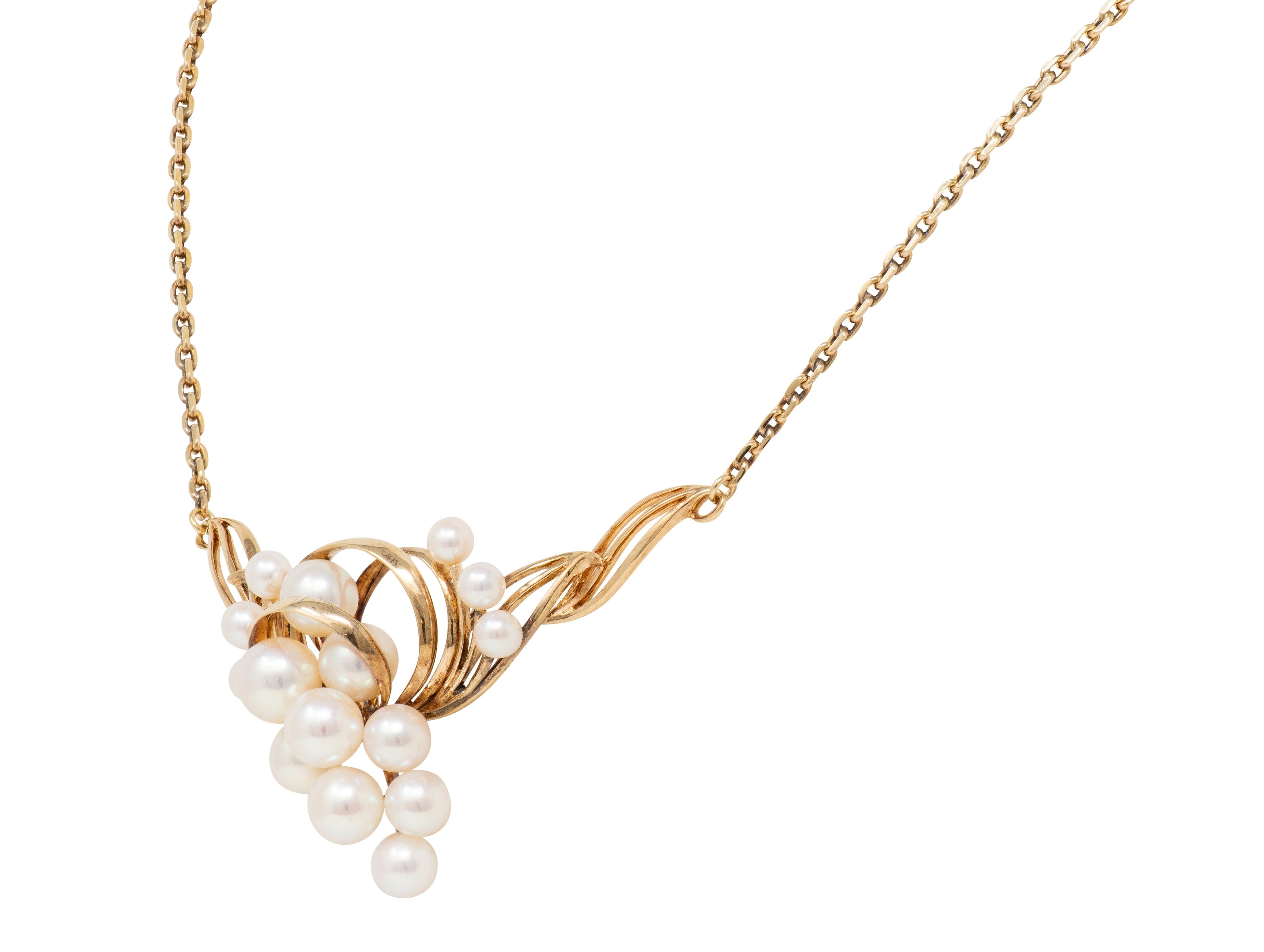 Mikimoto 1940's Retro Pearl 14K Yellow Gold Vintage Scrolling Station Necklace