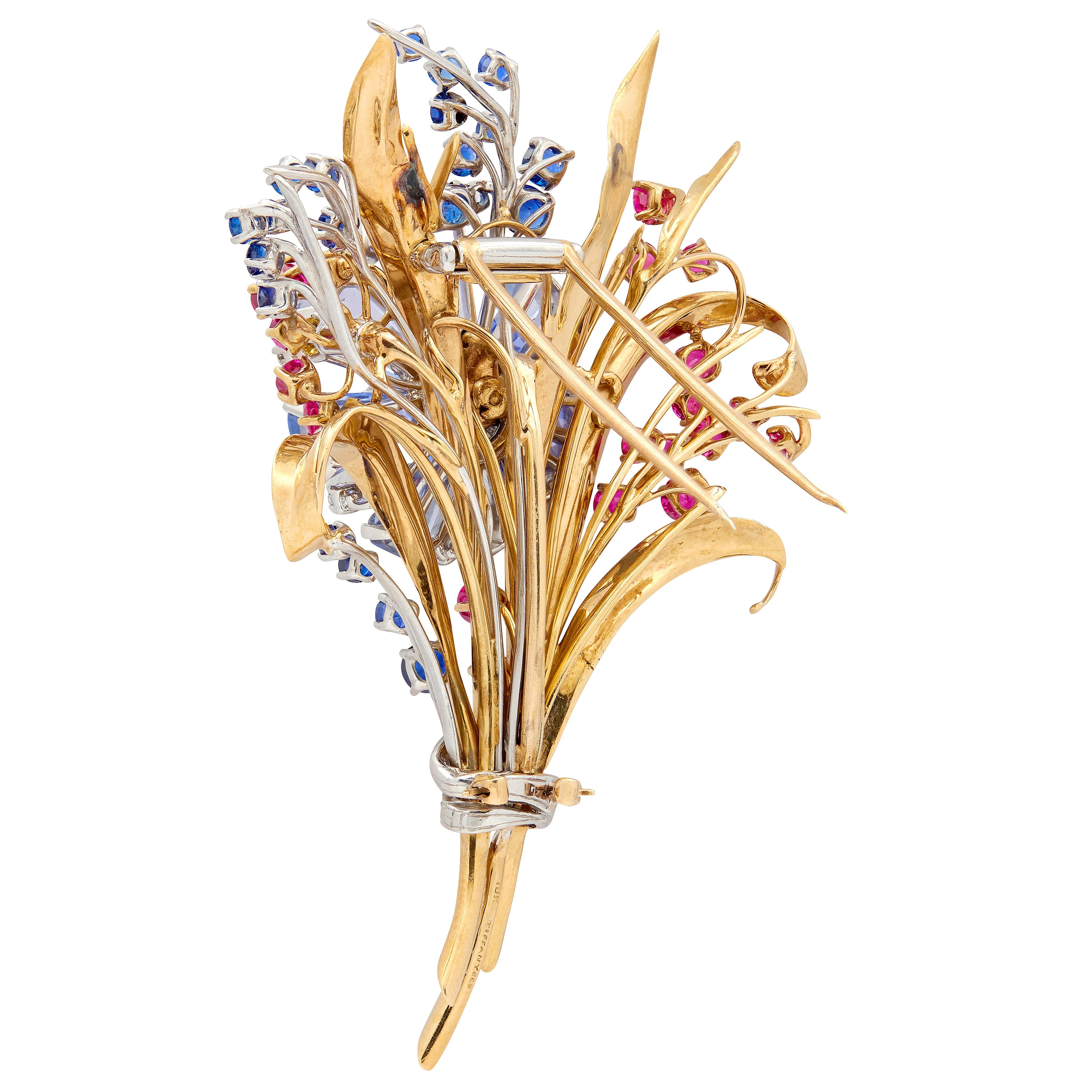 Tiffany & Co. Retro Diamond Sapphire Ruby 18K Gold Vintage Floral Bouquet Brooch