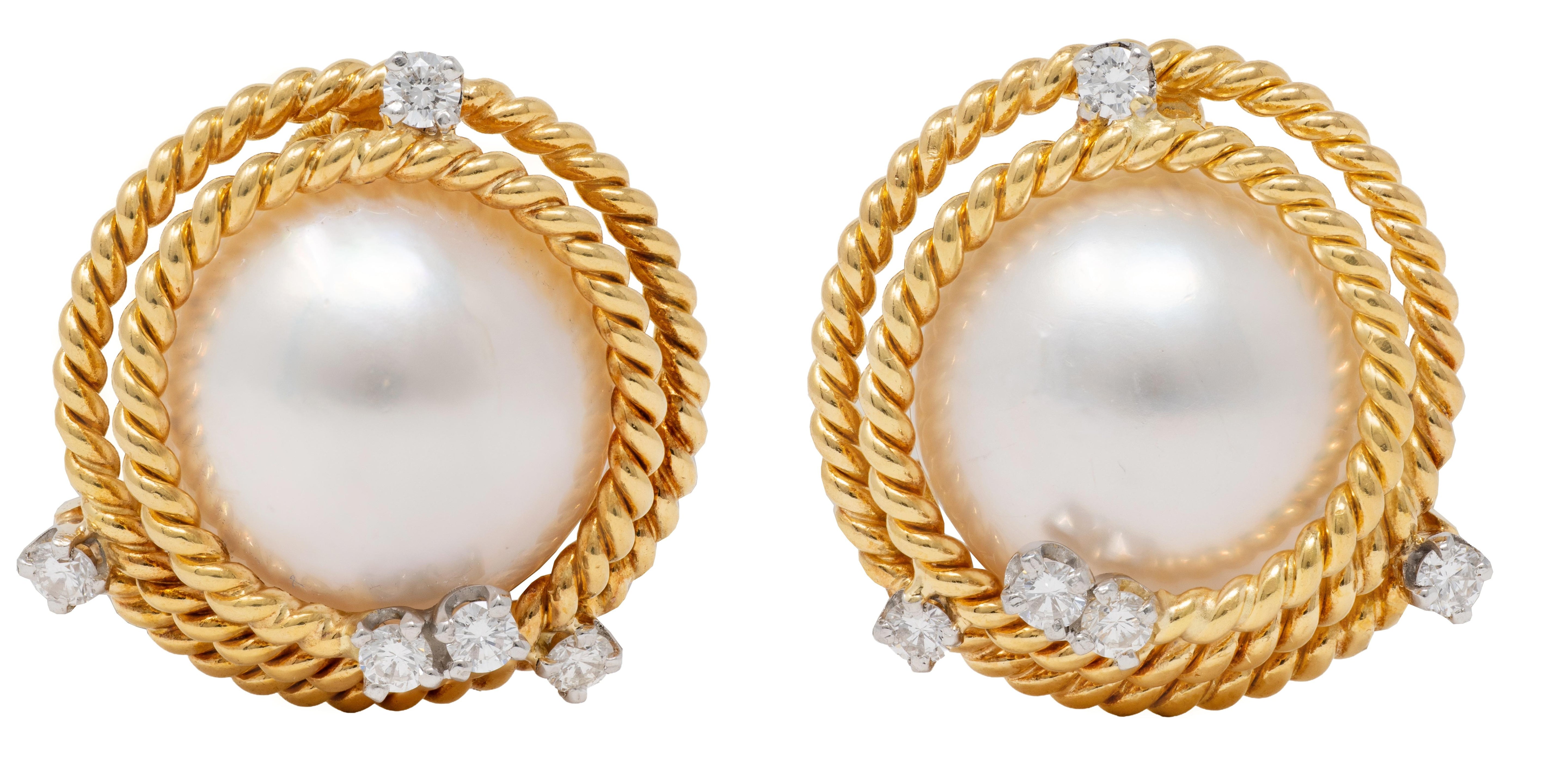 Tiffany & Co. Schlumberger Pearl Diamond 18K Gold Platinum Vintage Swirl Earring