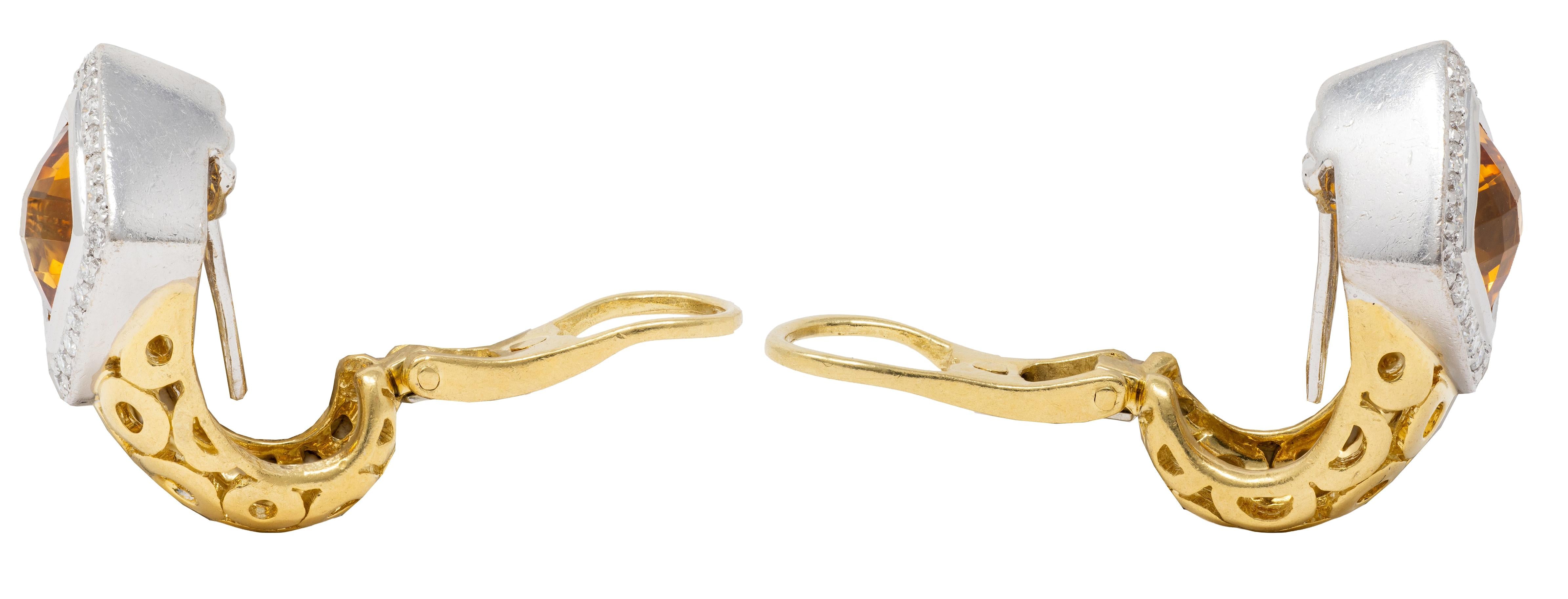 Spark 1990's Citrine Diamond 18 Karat Gold Vintage Geometric J-Hoop Earrings