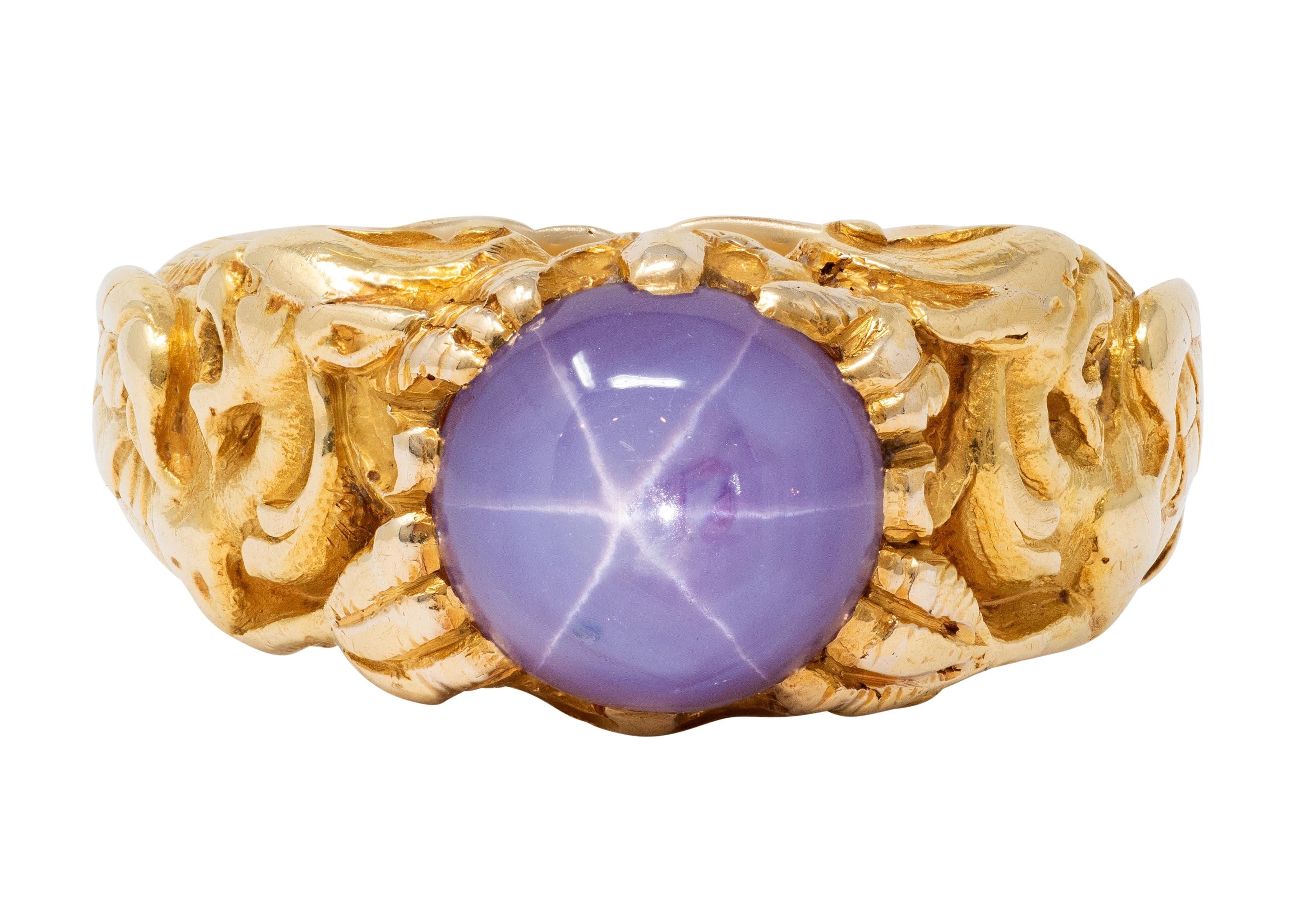 Art Nouveau 1911 Star Sapphire 18 Karat Yellow Gold Antique Unisex Griffon Ring