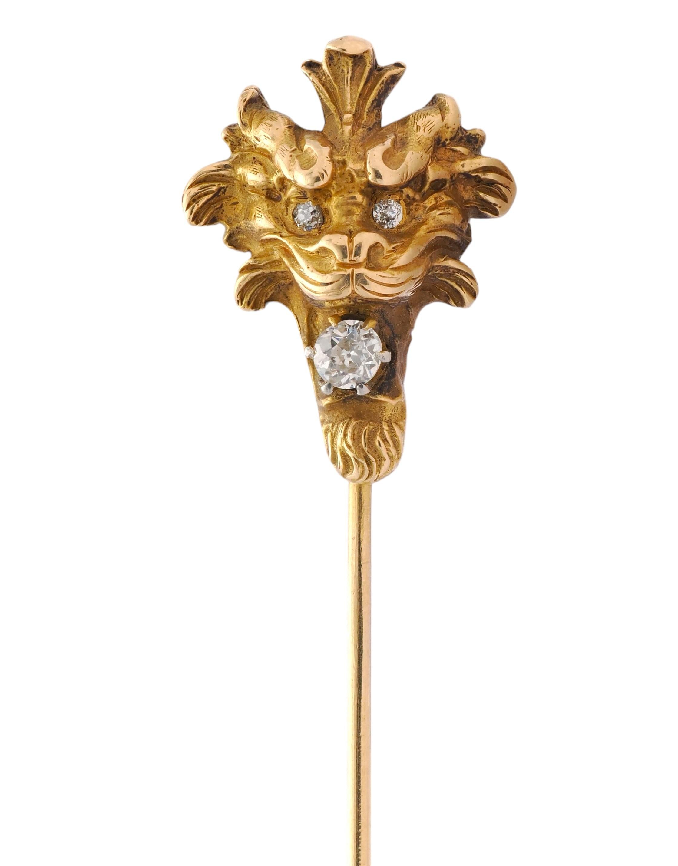 Art Nouveau Diamond 14 Karat Yellow Gold Antique Lion Stickpin
