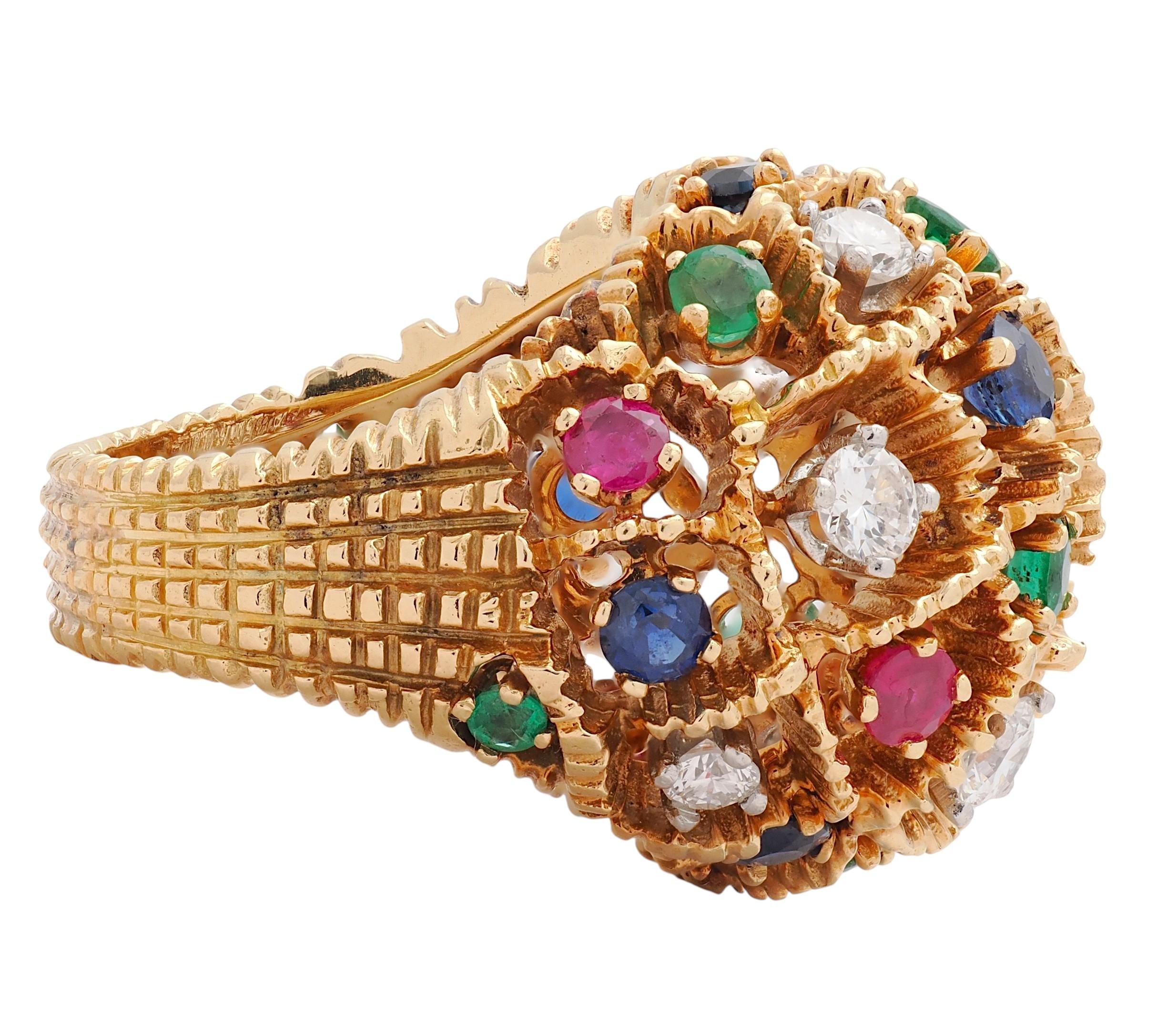 French Diamond Emerald Ruby Sapphire 18K Yellow Gold Platinum Vintage Dome Ring