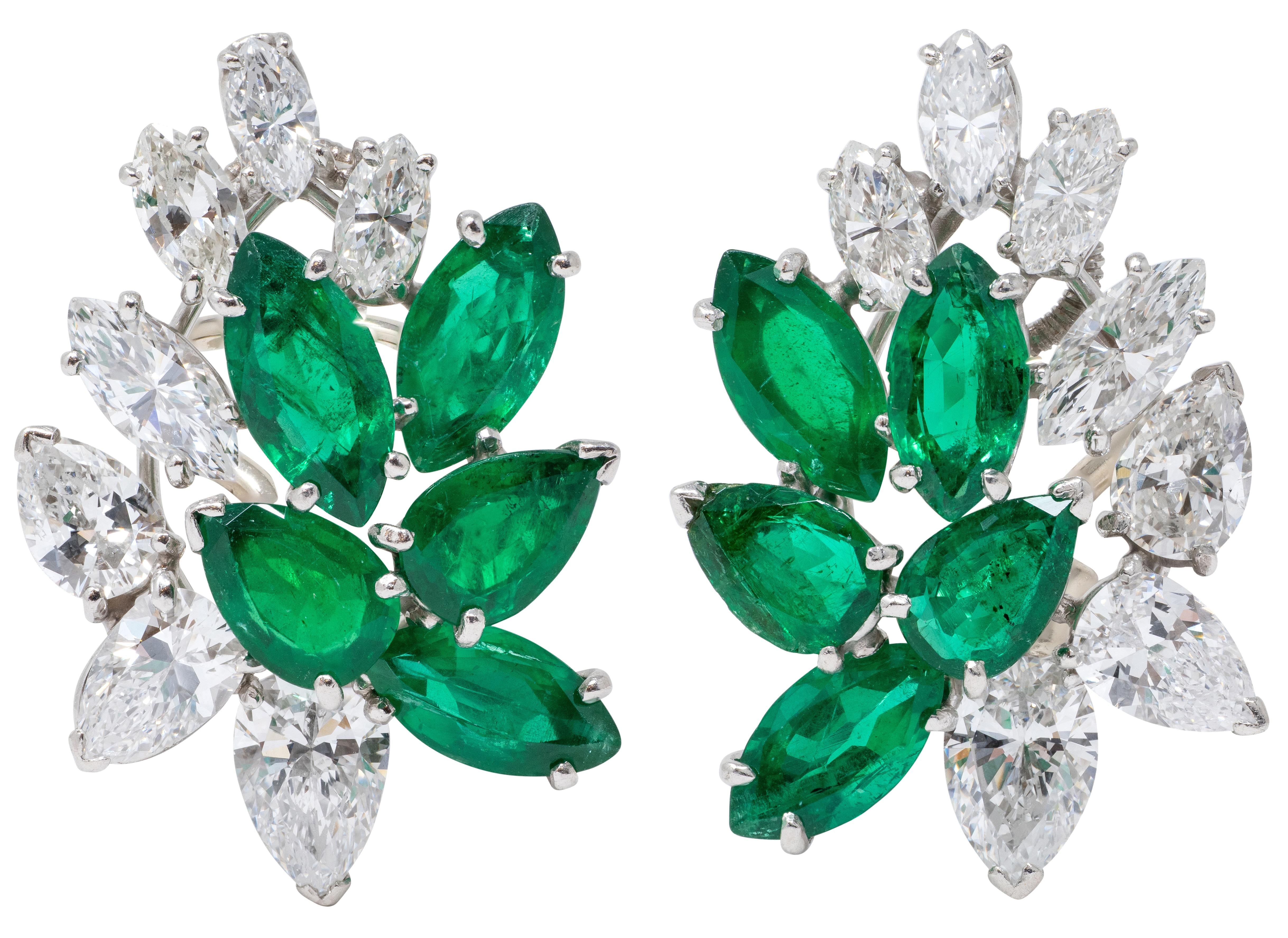 Oscar Heyman 1950s Diamond Emerald Platinum Gold Vintage Spray Ear-Clip Earrings