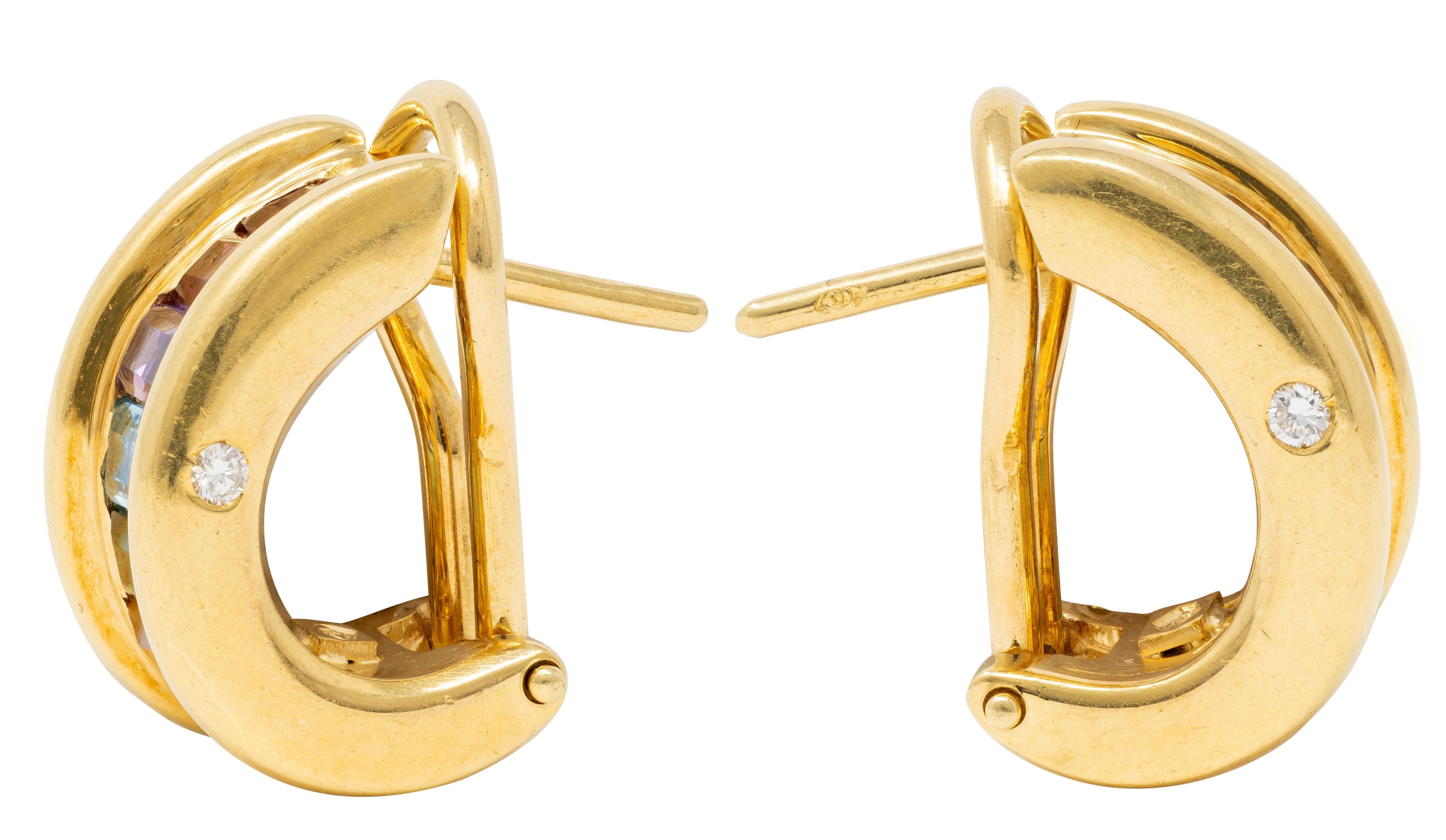 2000's Multi-Gem Diamond 18 Karat Yellow Gold Rainbow J-Hoop Earrings