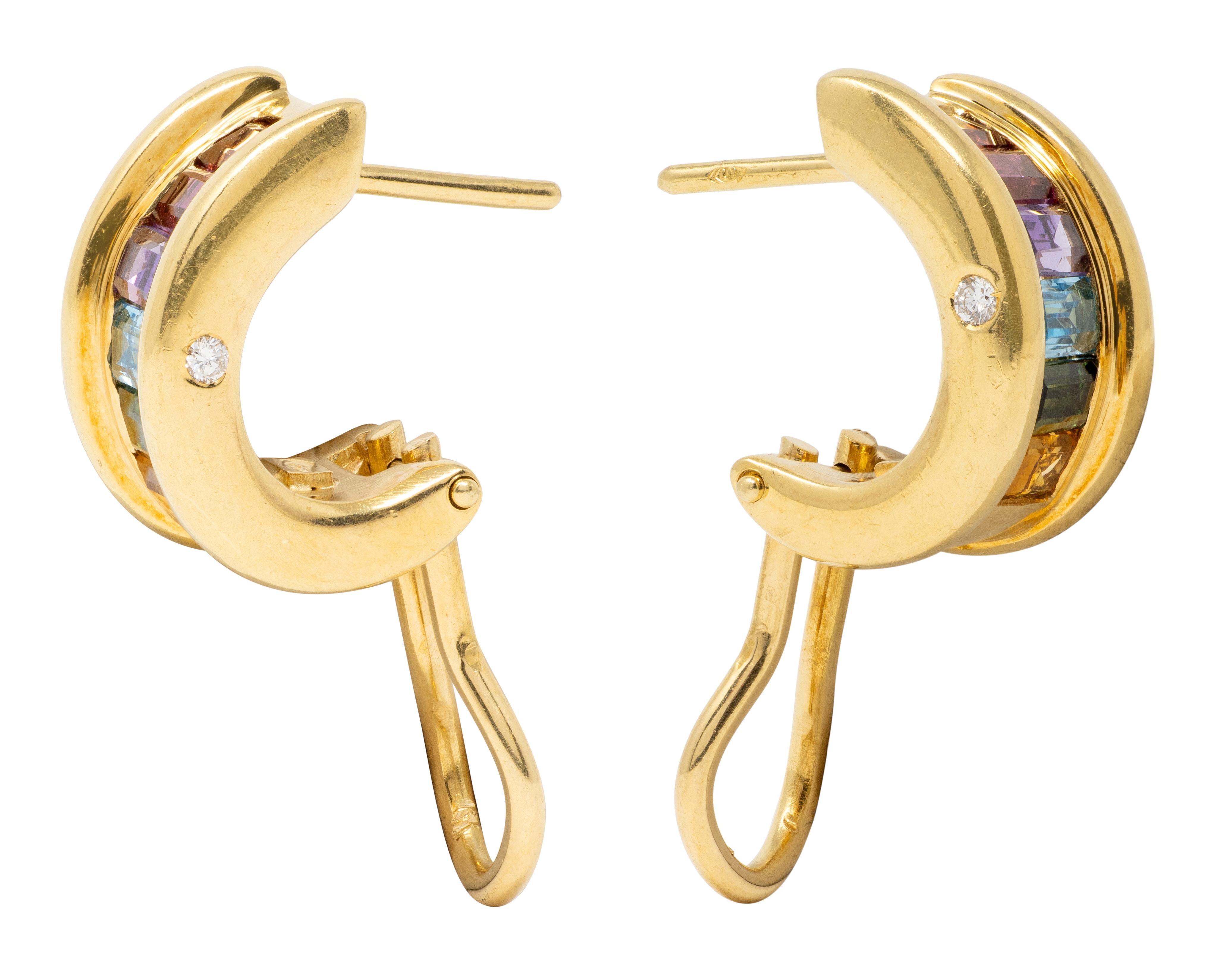 2000's Multi-Gem Diamond 18 Karat Yellow Gold Rainbow J-Hoop Earrings