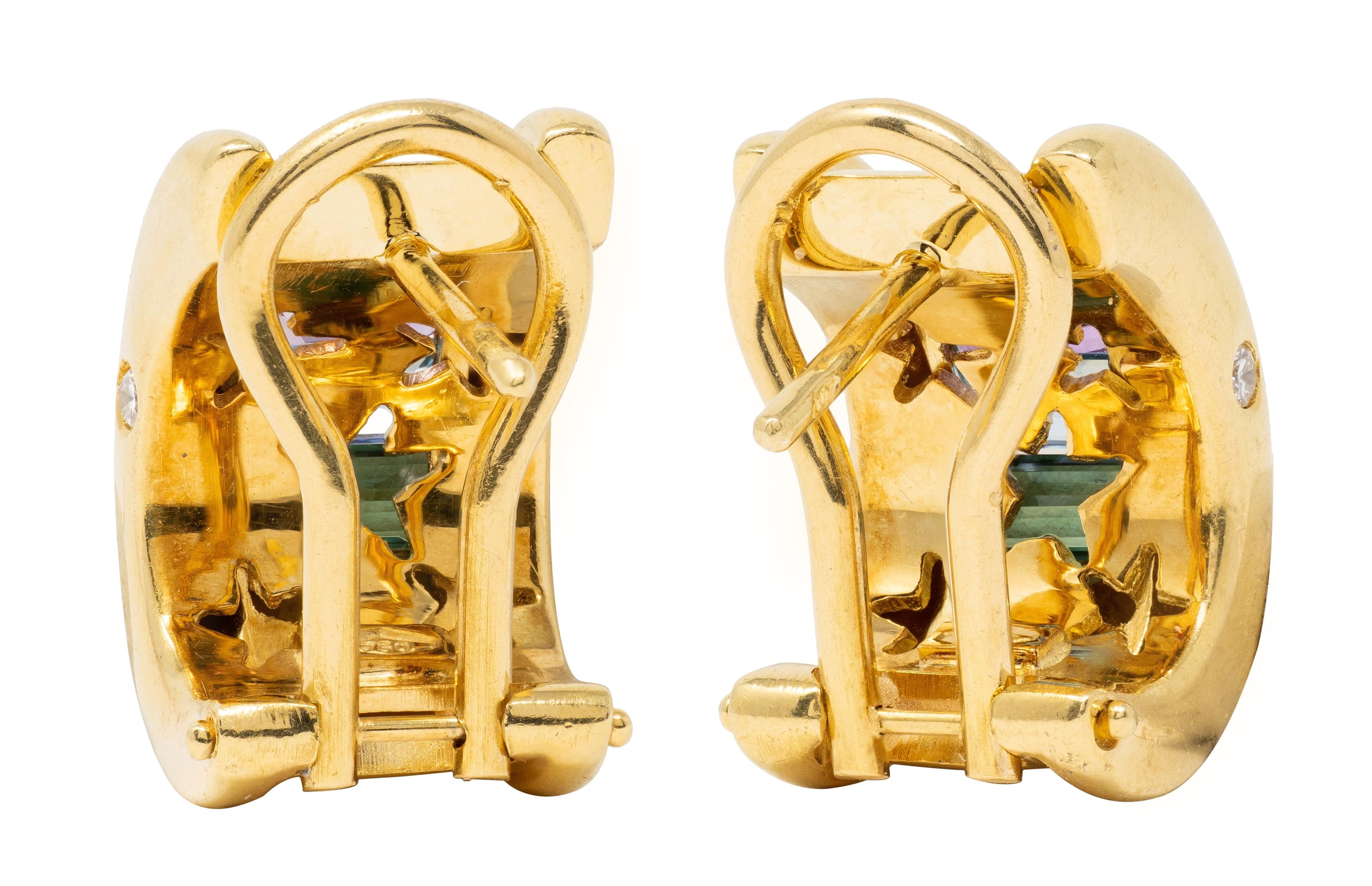 2000's Multi-Gem Diamond 18 Karat Yellow Gold Rainbow J-Hoop Earrings