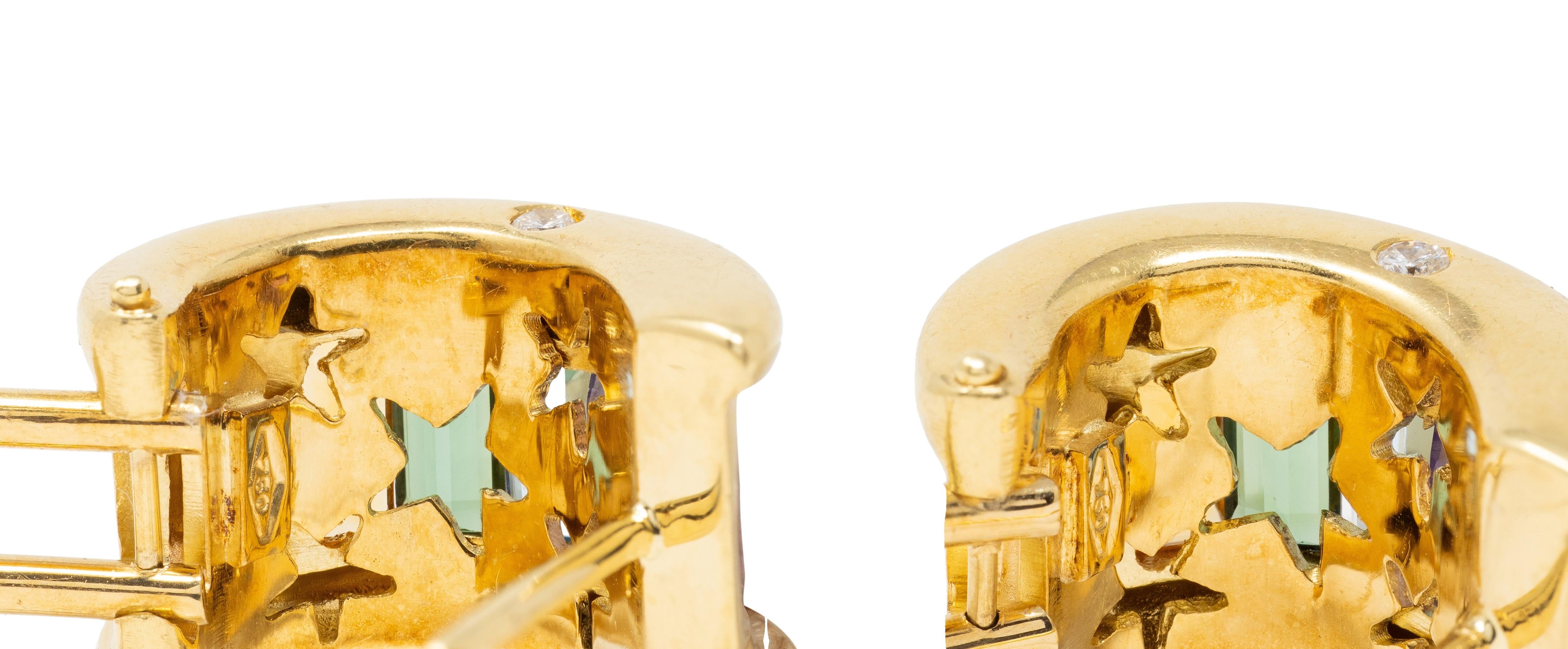 2000's Multi-Gem Diamond 18 Karat Yellow Gold Rainbow J-Hoop Earrings