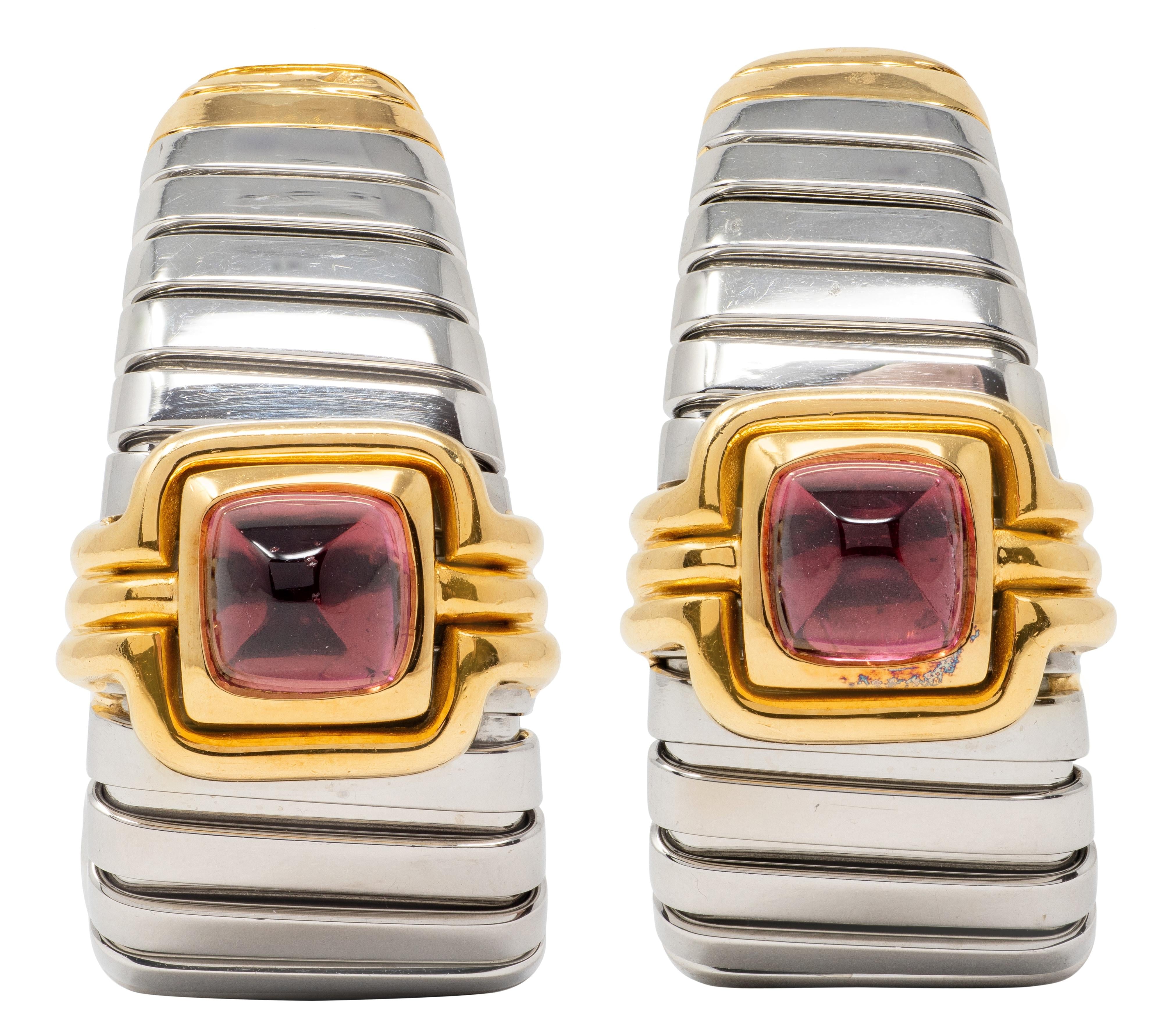 Bulgari 1980's Tourmaline 18K Gold Steel Vintage Tubogas Ear-Clip Earrings