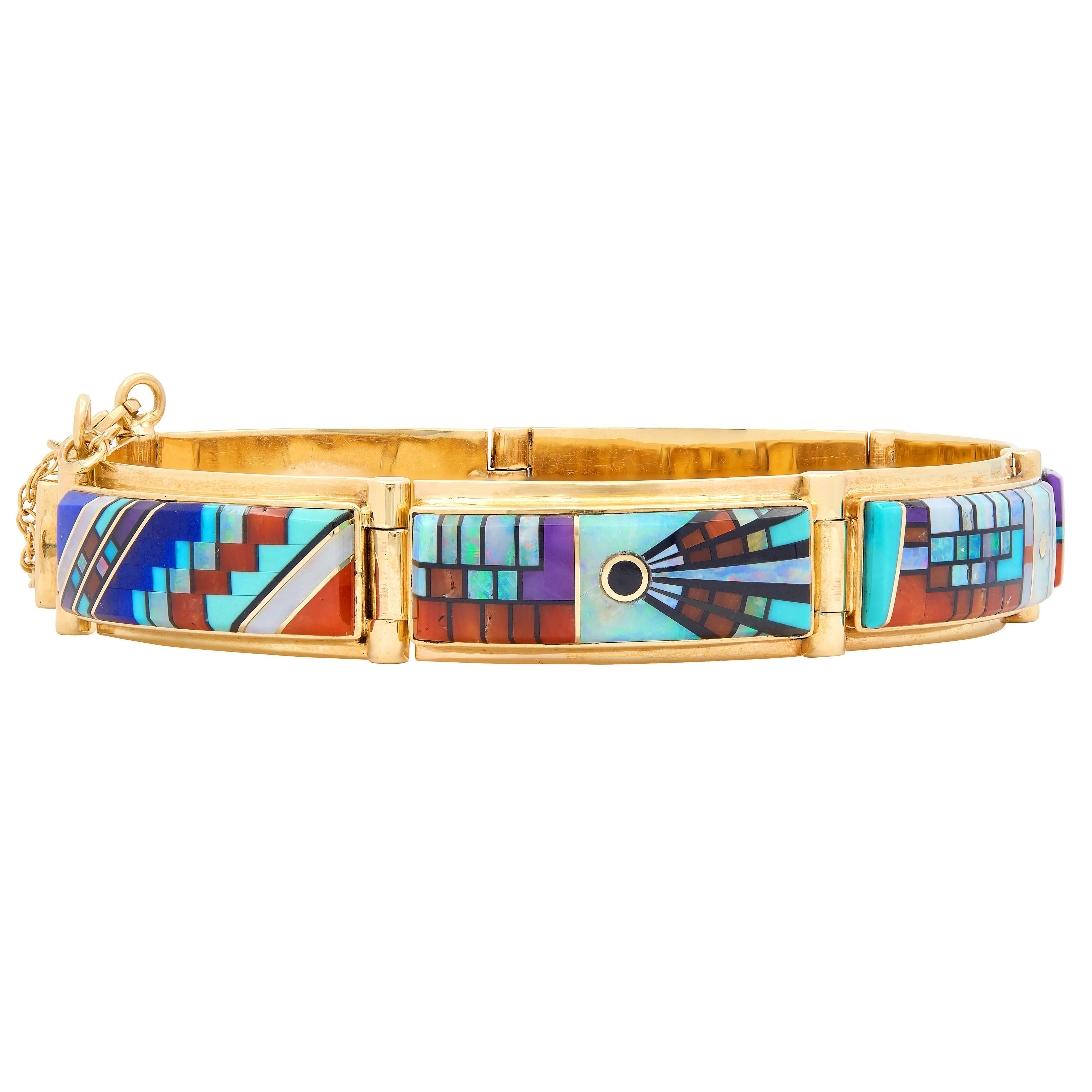 Gary Arviso 1970's Multi-Gem 14 Karat Gold Vintage Geometric Inlay Bracelet