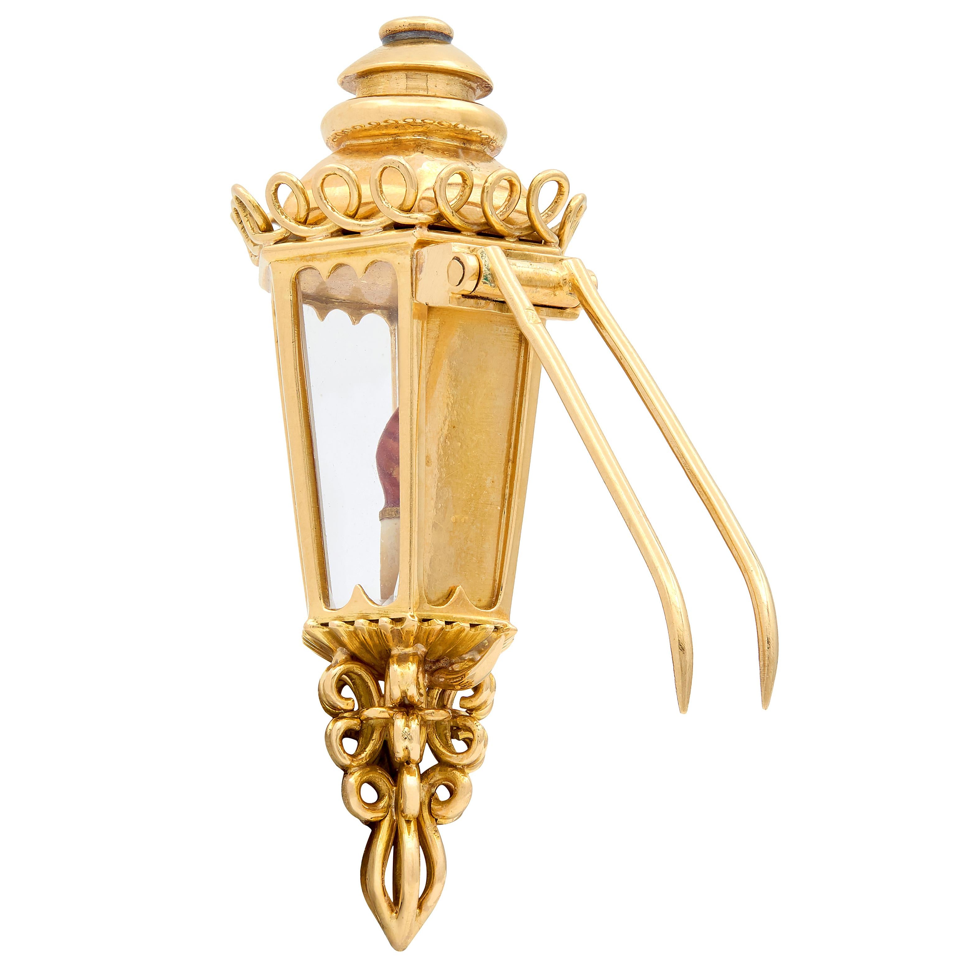 1960's Enamel 18 Karat Yellow Gold Vintage Lamp Candle Brooch
