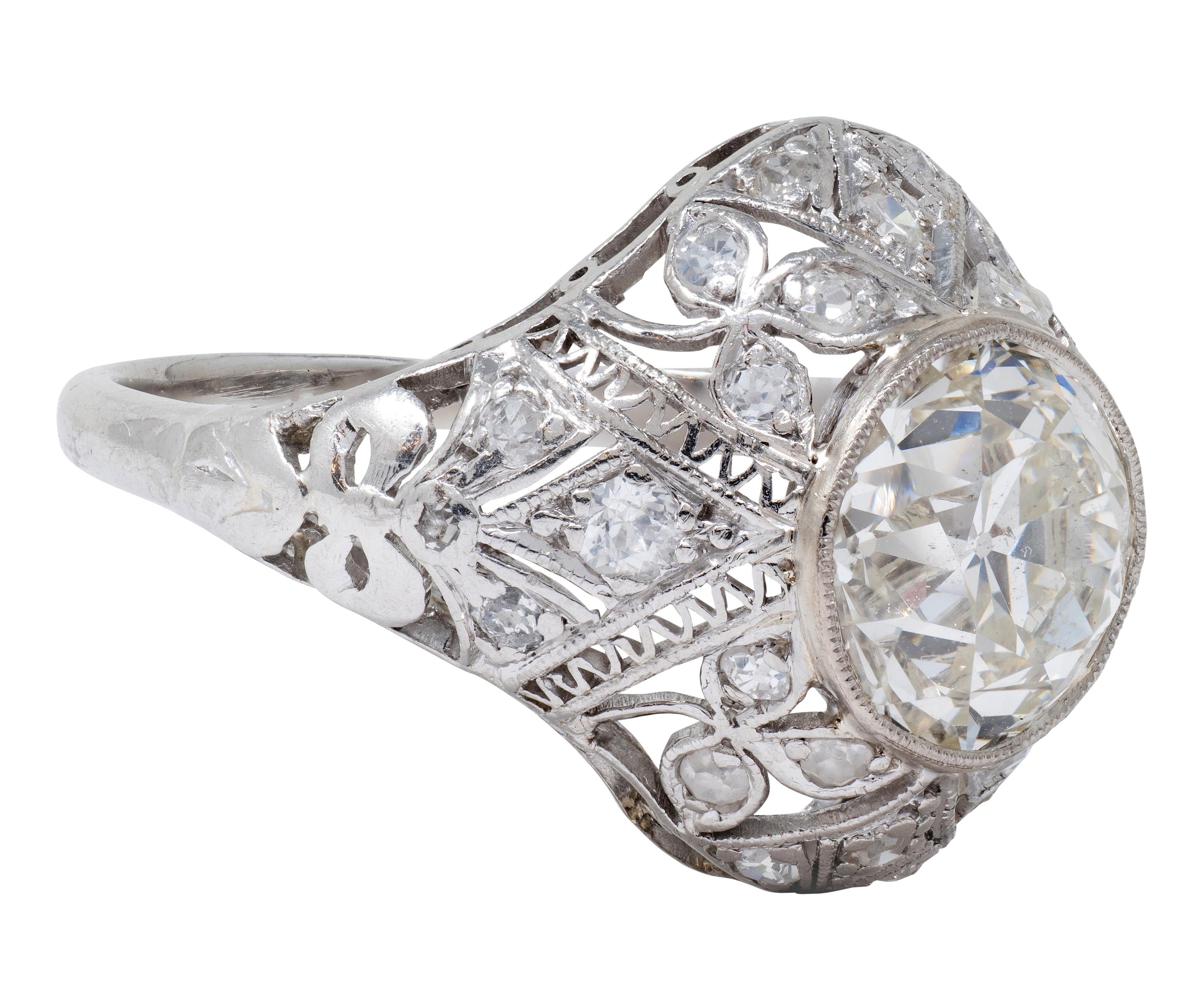 Belle Epoqué 3.20 CTW Diamond Platinum Antique Foliate Bow Engagement Ring GIA
