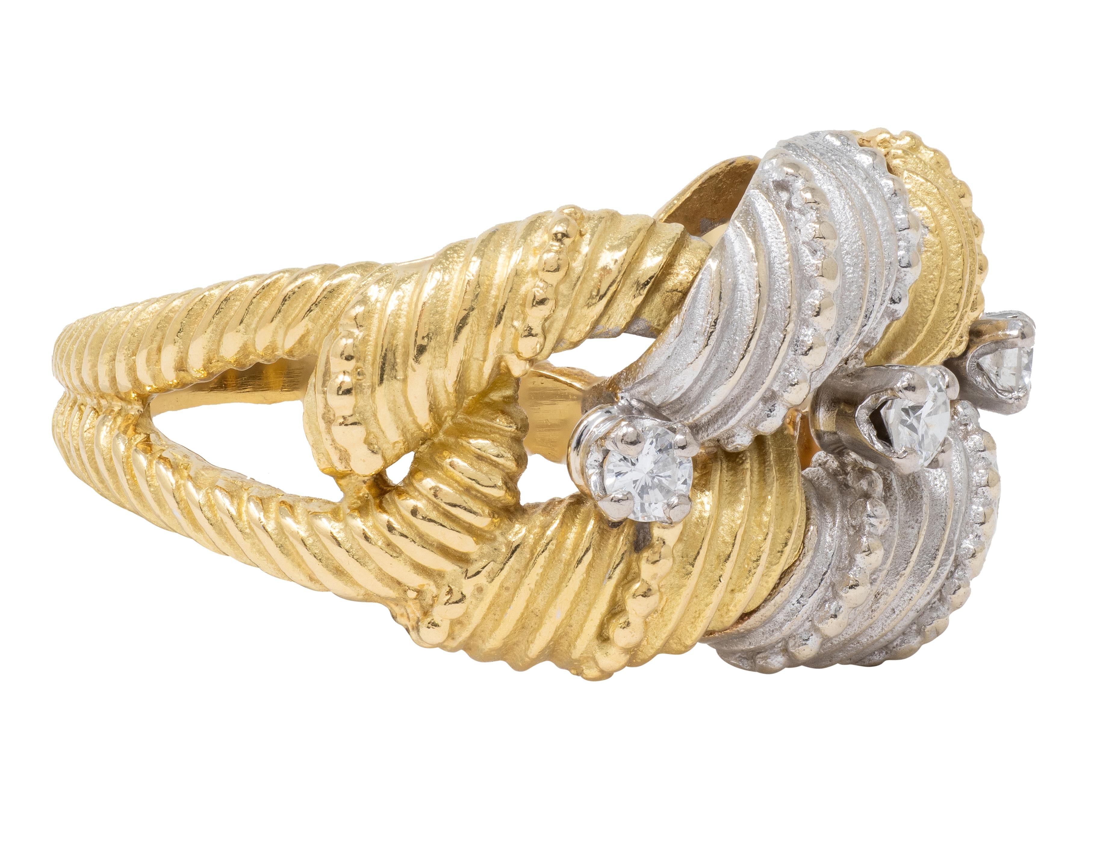 French 1960's Diamond 18 Karat Yellow Gold Platinum Vintage Twist Link Band Ring