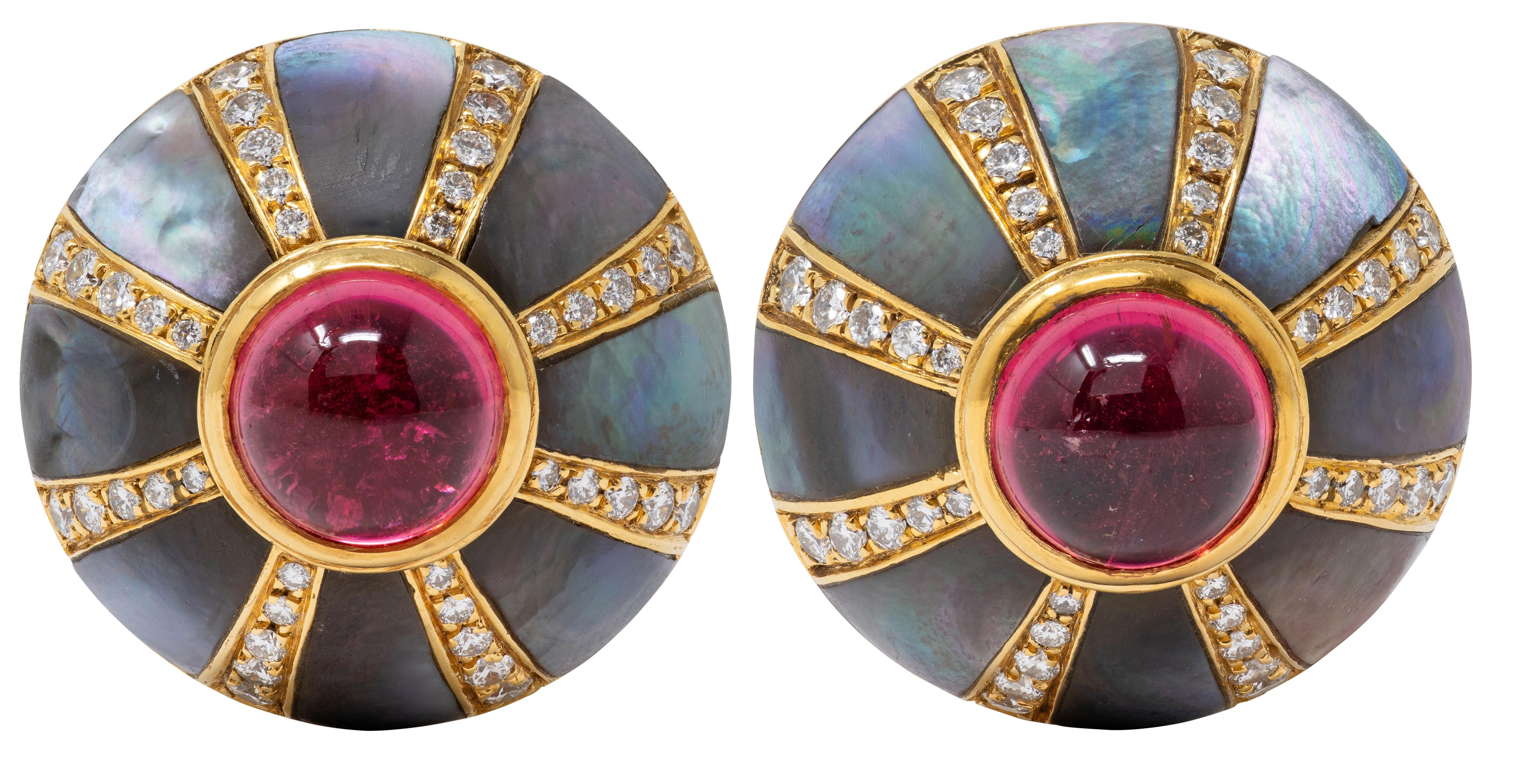 Jacques 1980's Diamond Abalone Tourmaline 18K Yellow Gold Vintage Dome Earrings
