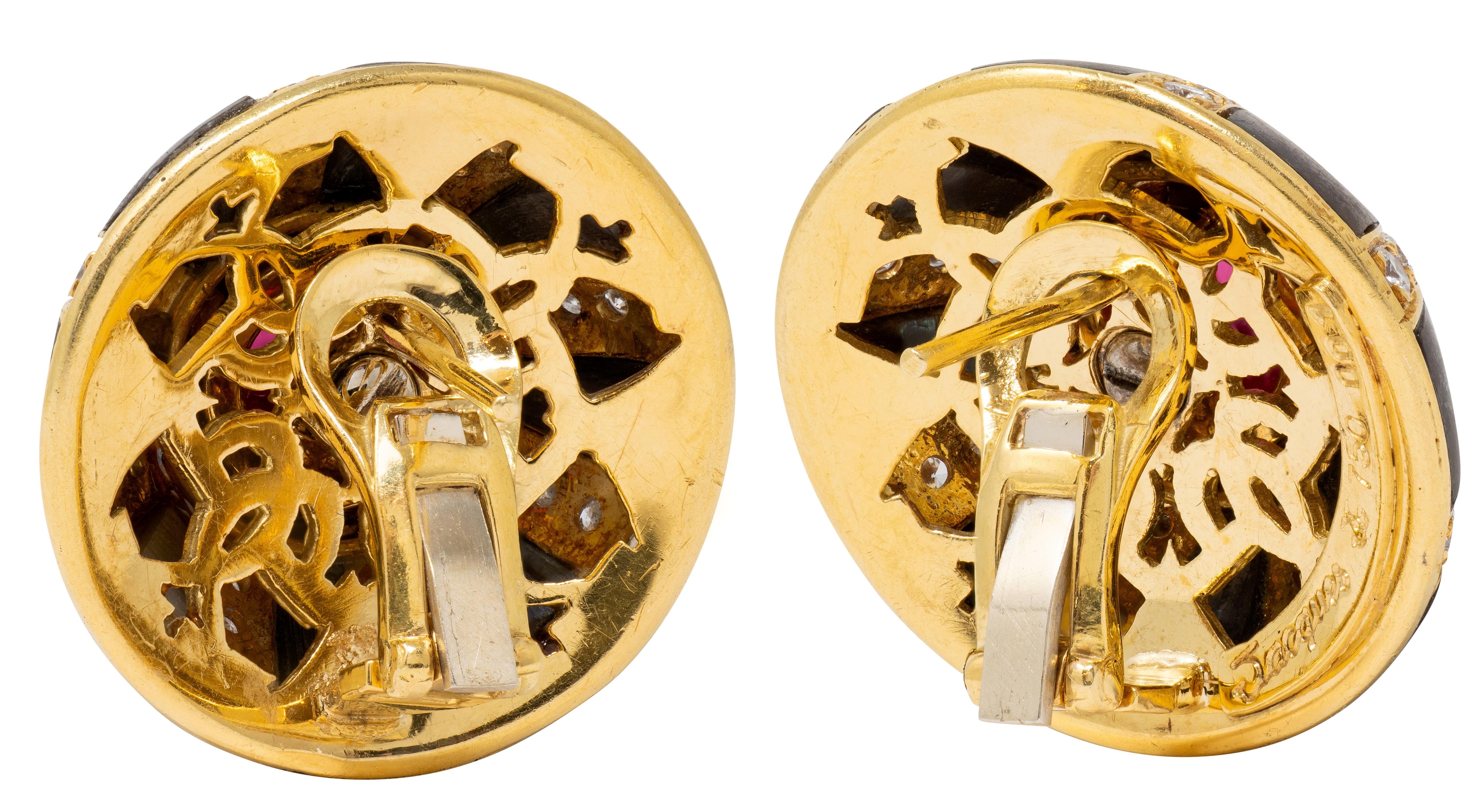 Jacques 1980's Diamond Abalone Tourmaline 18K Yellow Gold Vintage Dome Earrings