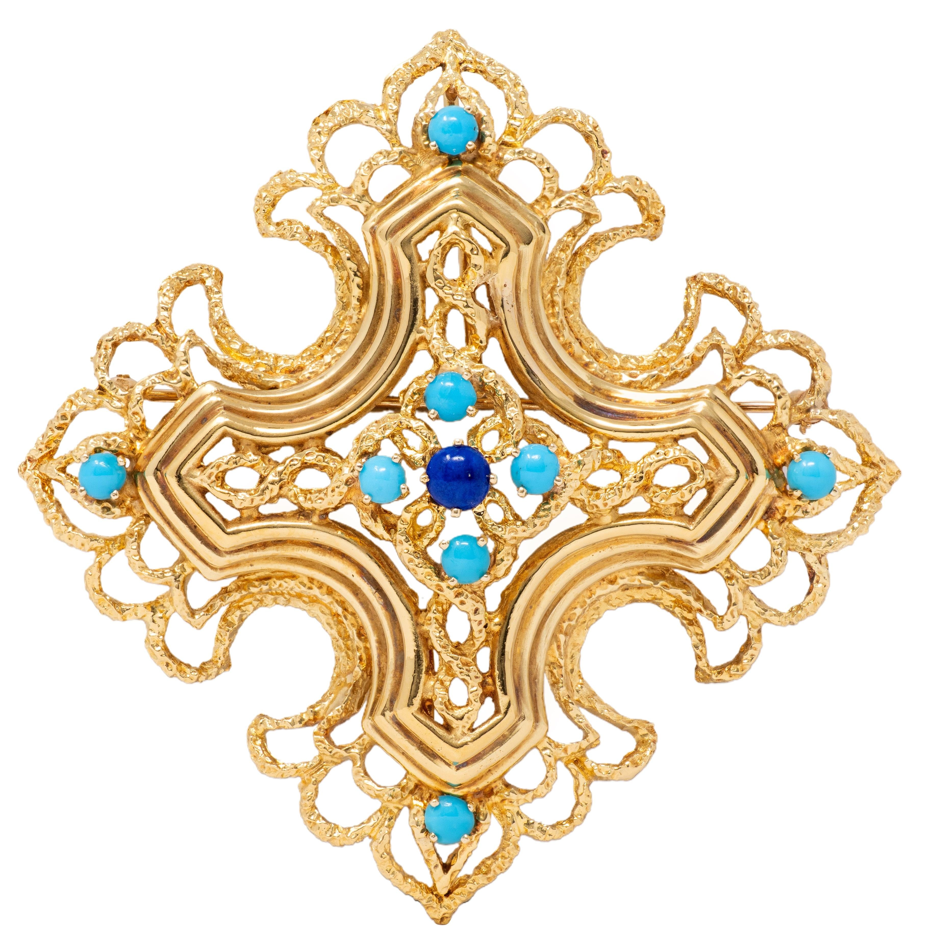 Tiffany & Co. 1960s Turquoise Lapis Lazuli 18K Gold Vintage Cross Pendant Brooch