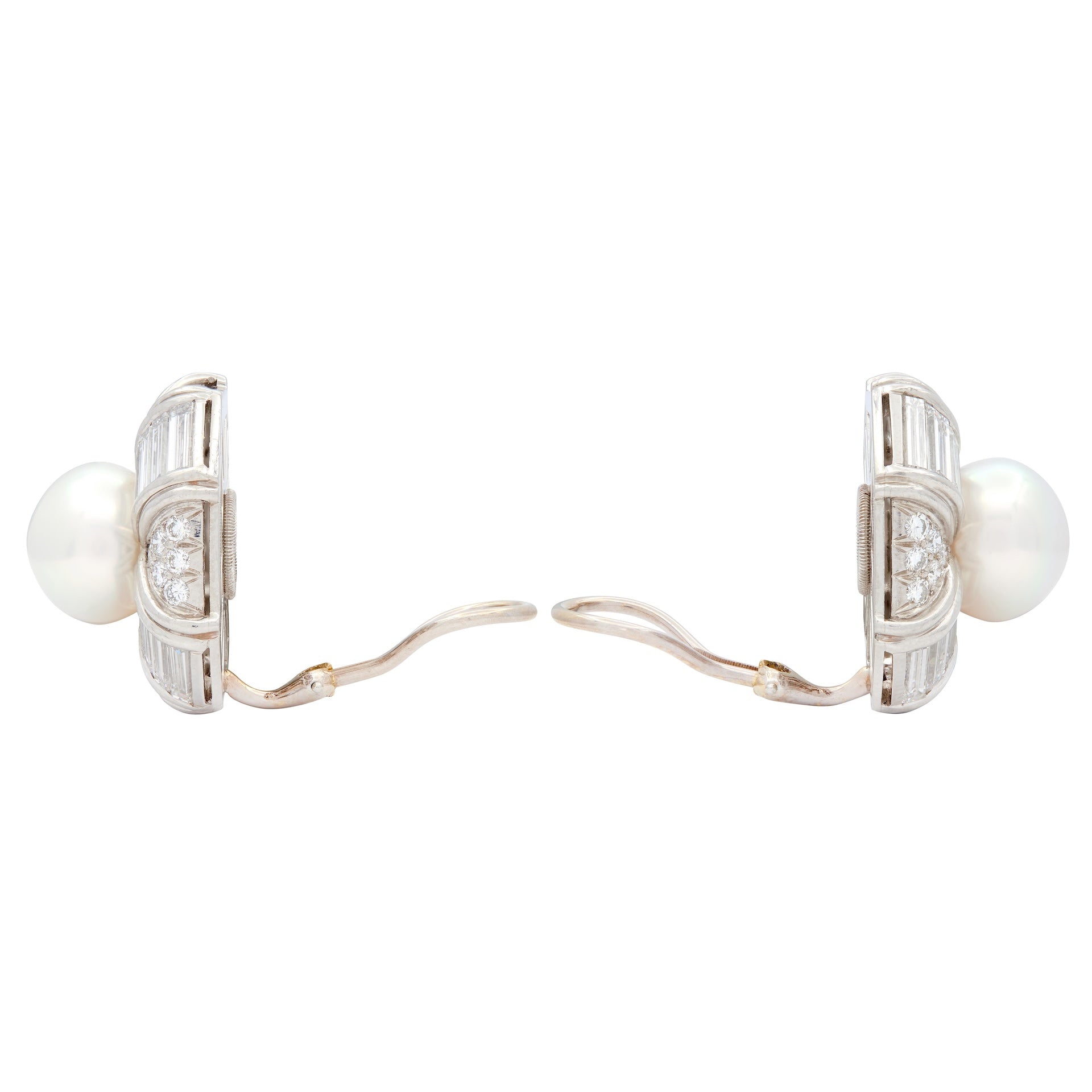 Mid-Century Diamond Pearl Platinum Gold Vintage Octagonal Ear-Clip Earrings