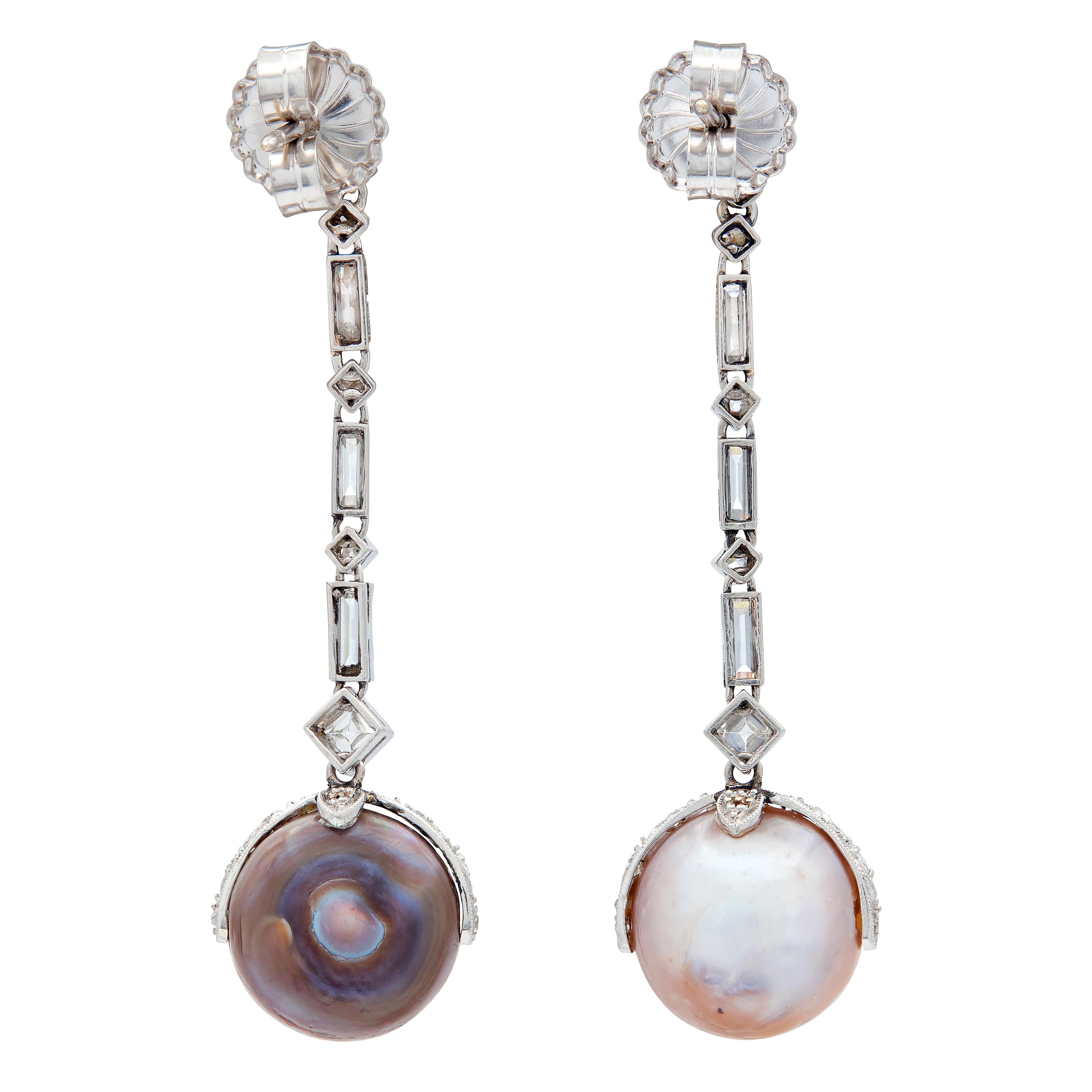 Art Deco Diamond Natural Saltwater Pearl Platinum Antique Drop Earrings GIA