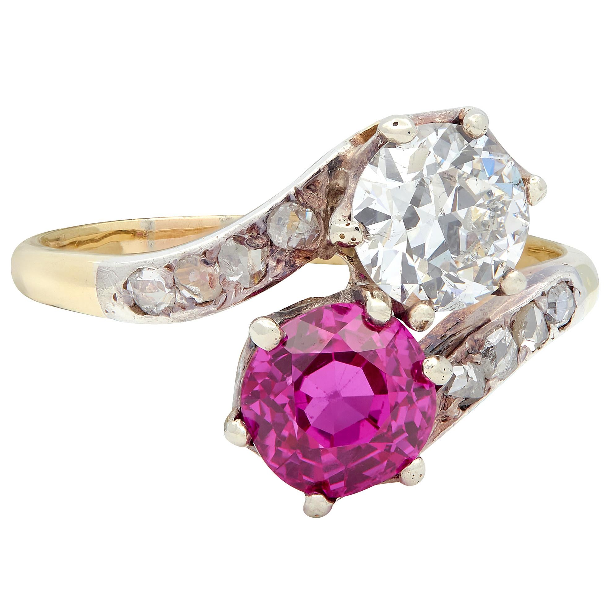 Victorian No Heat Burma Sapphire Diamond 14K Gold Silver Antique Toi-Et-Moi Ring