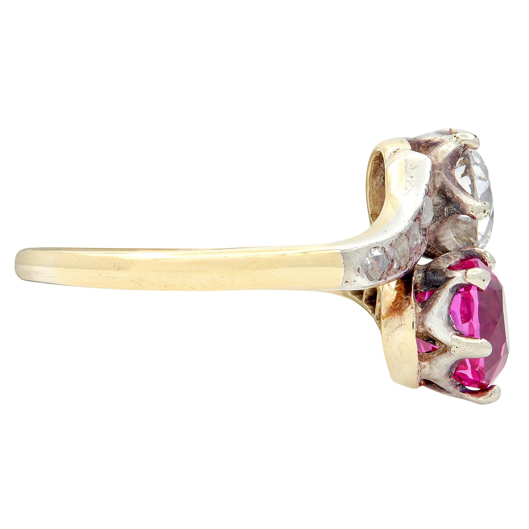 Victorian No Heat Burma Sapphire Diamond 14K Gold Silver Antique Toi-Et-Moi Ring
