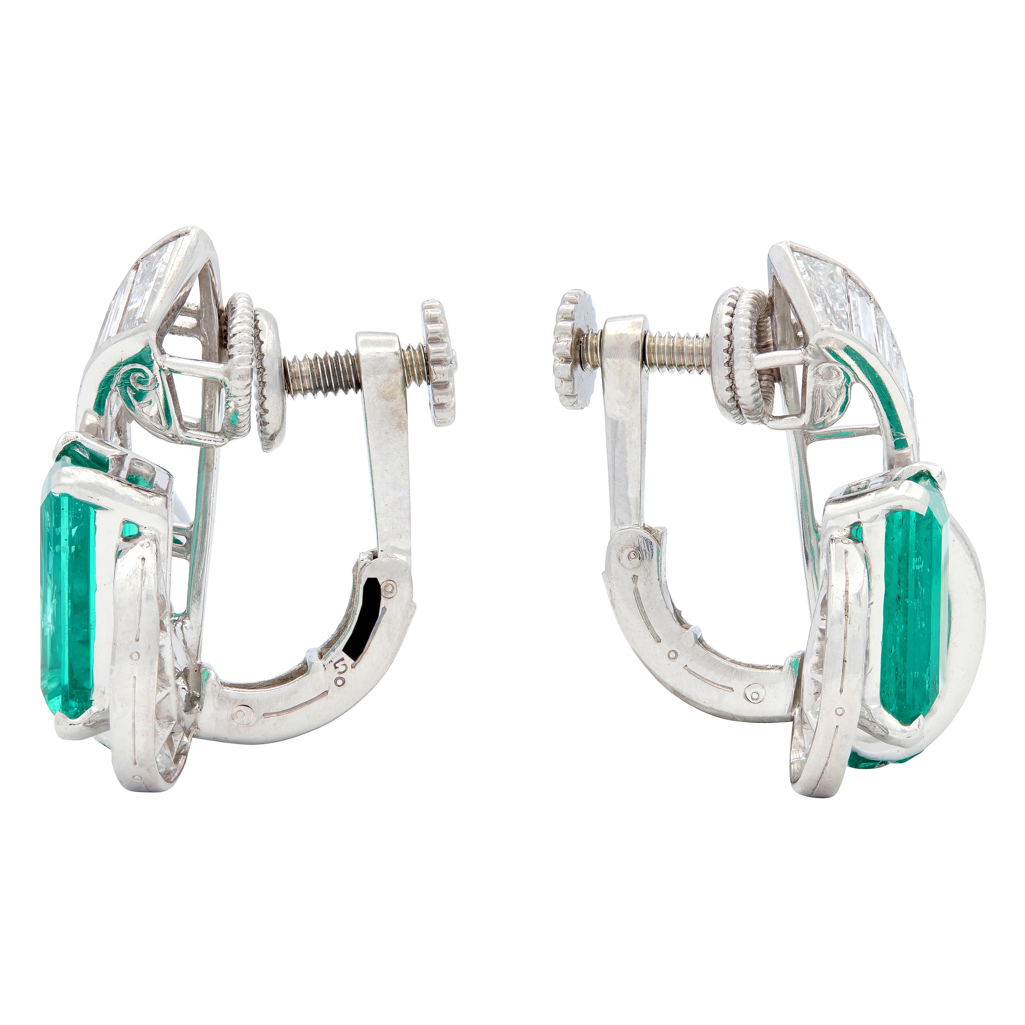 Oscar Heyman 1950 Colombian Emerald Diamond Platinum Vintage Ear-Clip Earrings