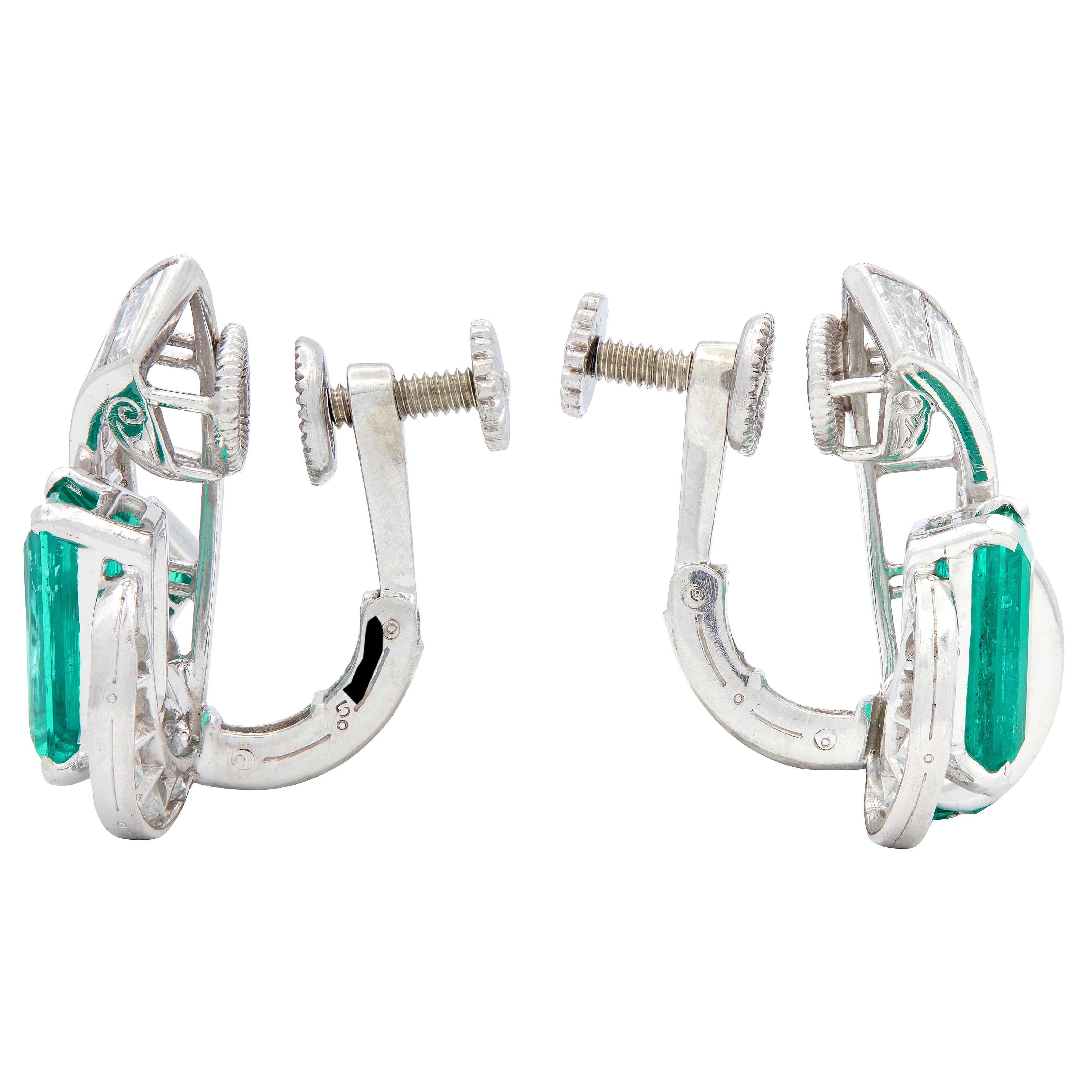Oscar Heyman 1950 Colombian Emerald Diamond Platinum Vintage Ear-Clip Earrings