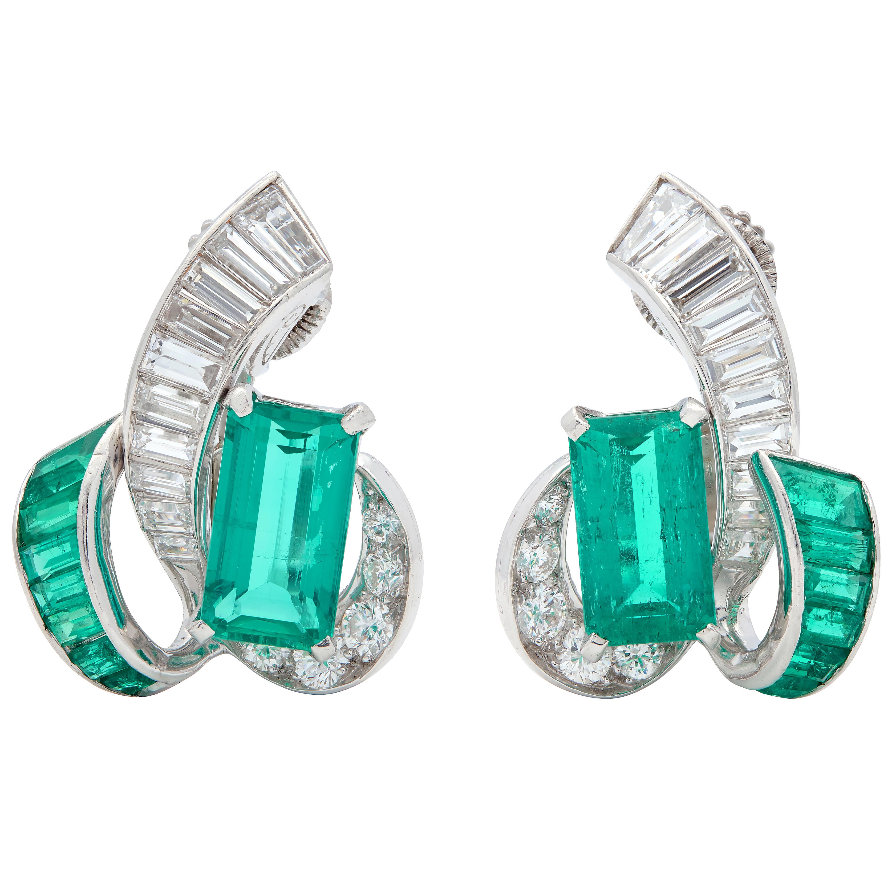 Oscar Heyman 1950 Colombian Emerald Diamond Platinum Vintage Ear-Clip Earrings