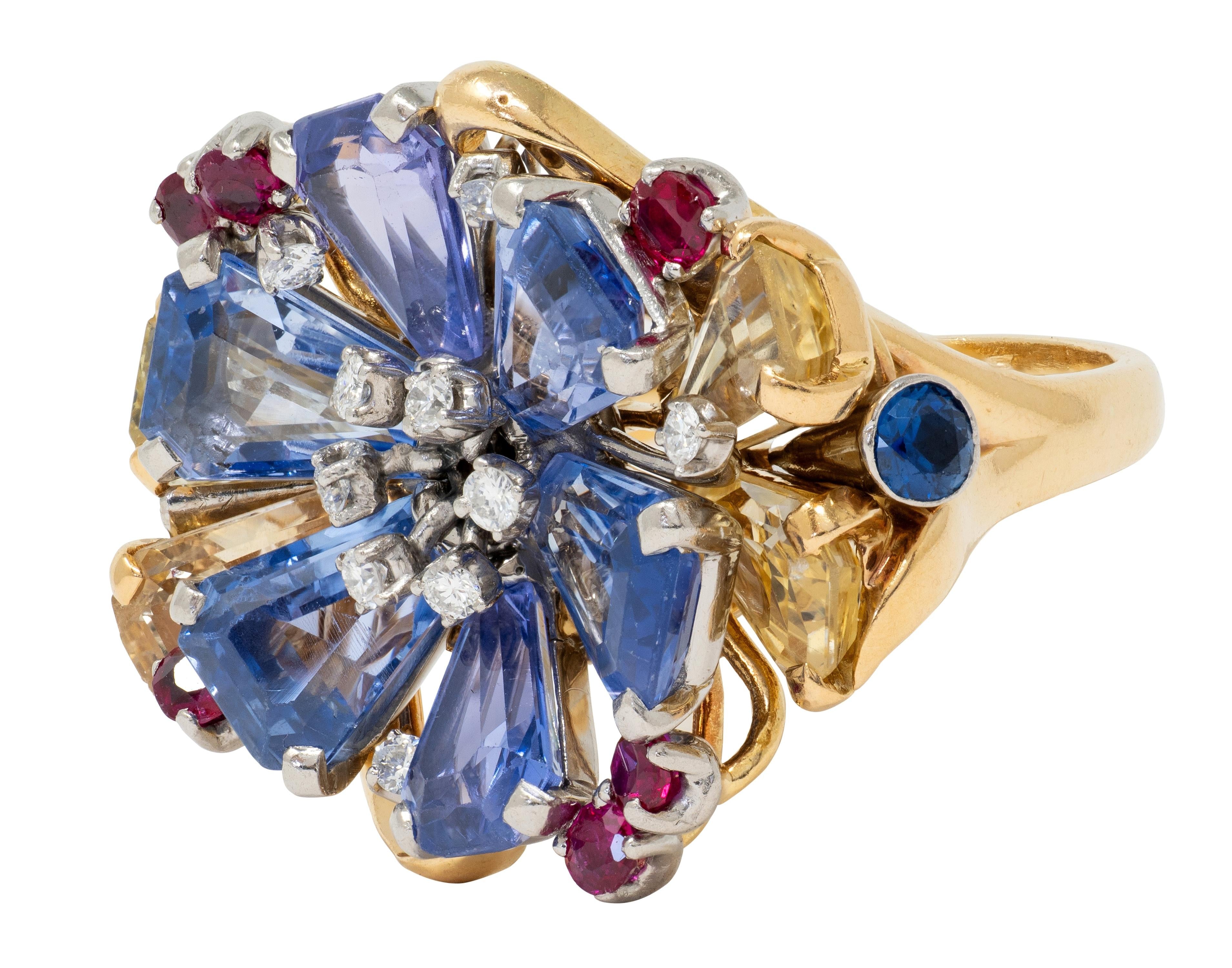 Tiffany & Co. 1940s Retro Sapphire Diamond 18K Gold Vintage Floral Cocktail Ring