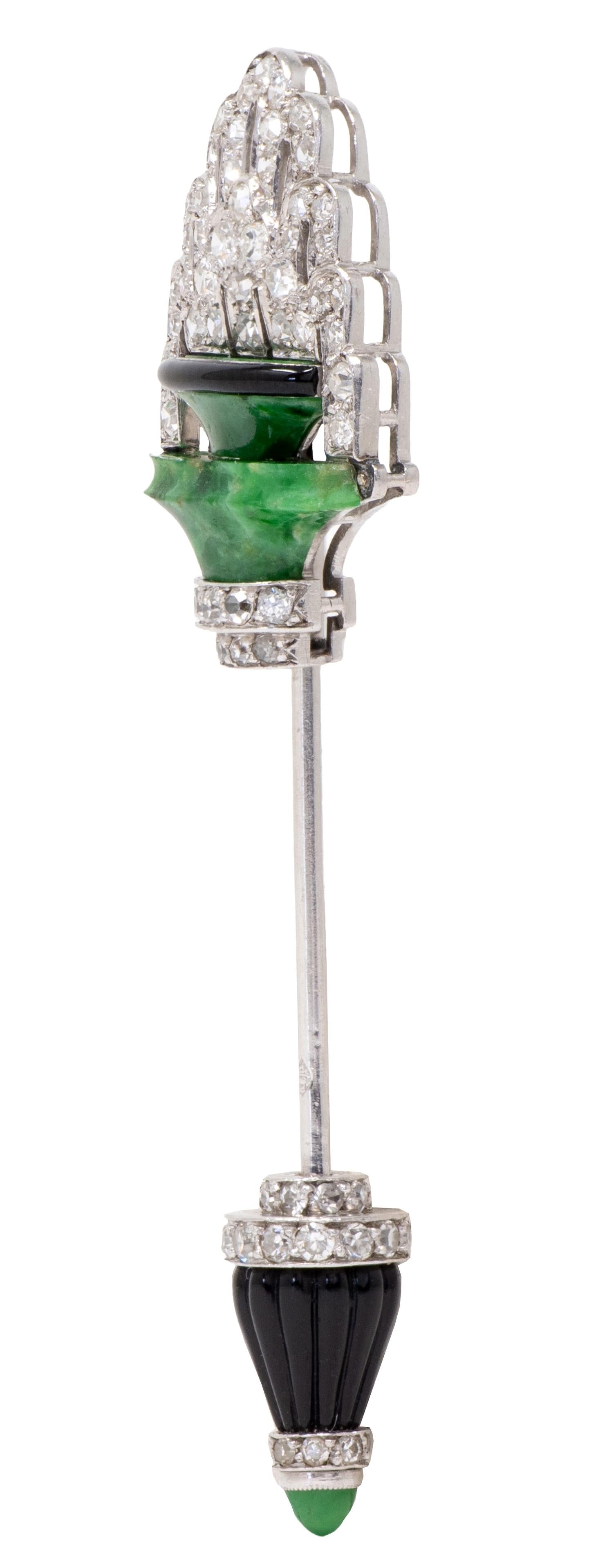 Cartier French Art Deco Diamond Jade Onyx Platinum Vintage Fountain Jabot Brooch