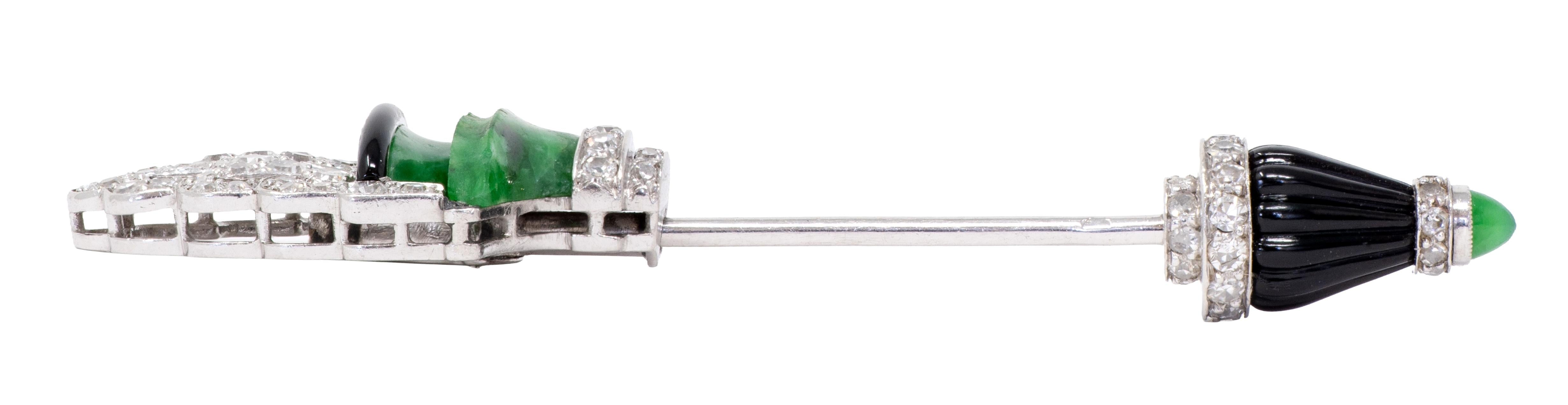 Cartier French Art Deco Diamond Jade Onyx Platinum Vintage Fountain Jabot Brooch